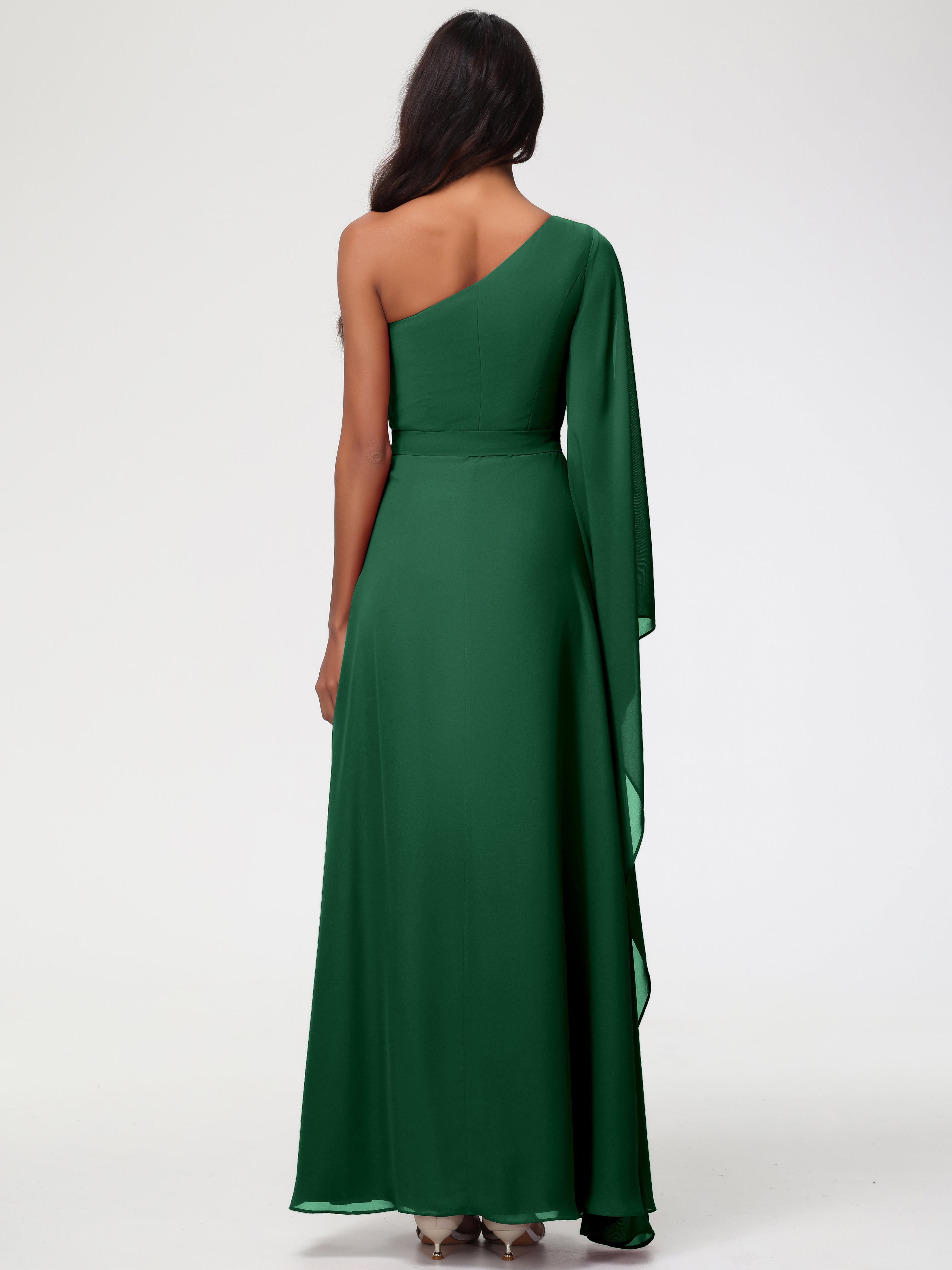 Robes De Demoiselle D'Honneur Vert Foncé Seule-Épaule Manches Asymétriques Mousseline Robe Demoiselle D'Honneur