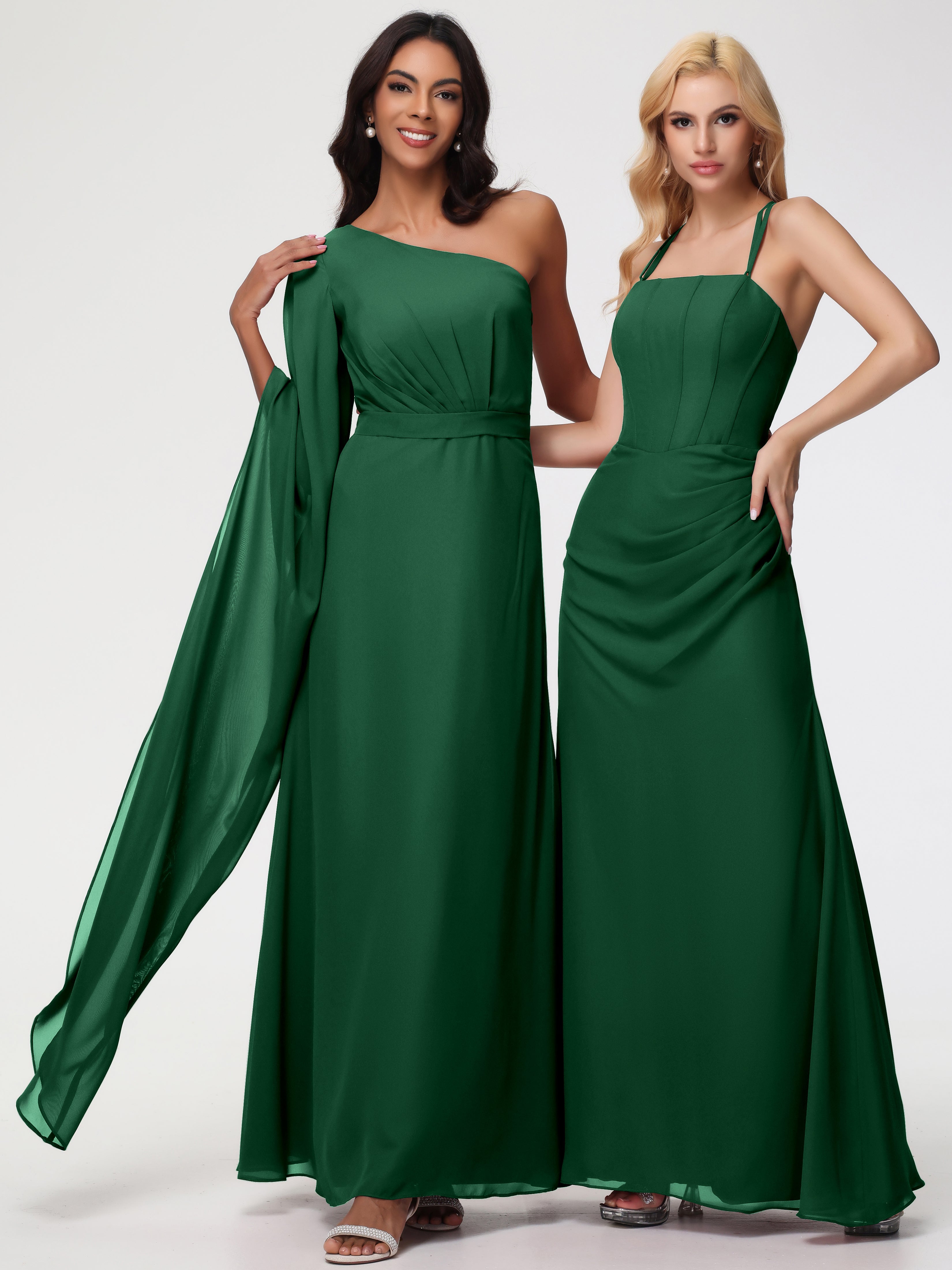 Robes De Demoiselle D'Honneur Vert Foncé Seule-Épaule Manches Asymétriques Mousseline Robe Demoiselle D'Honneur