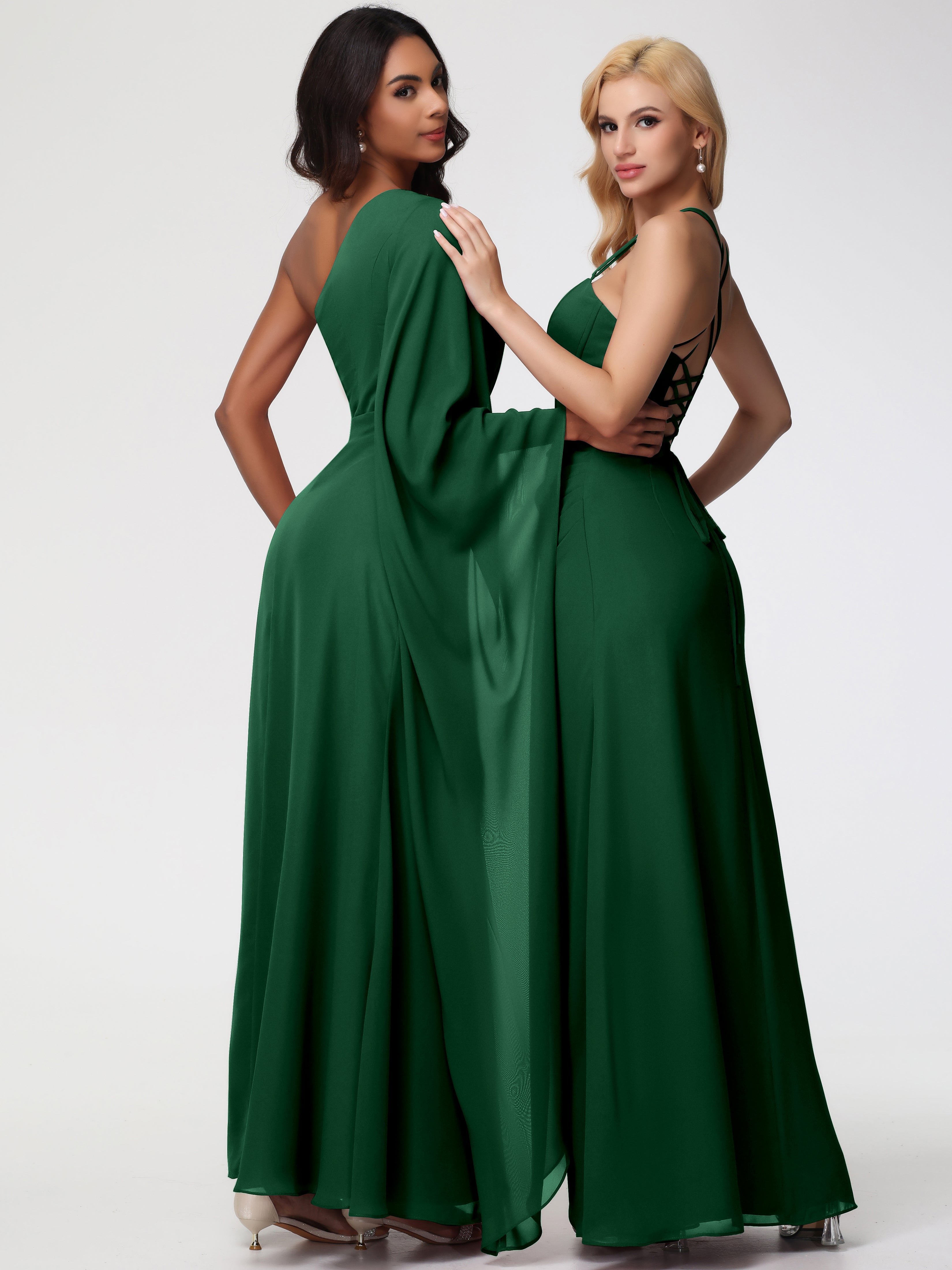 Robes De Demoiselle D'Honneur Vert Foncé Seule-Épaule Manches Asymétriques Mousseline Robe Demoiselle D'Honneur