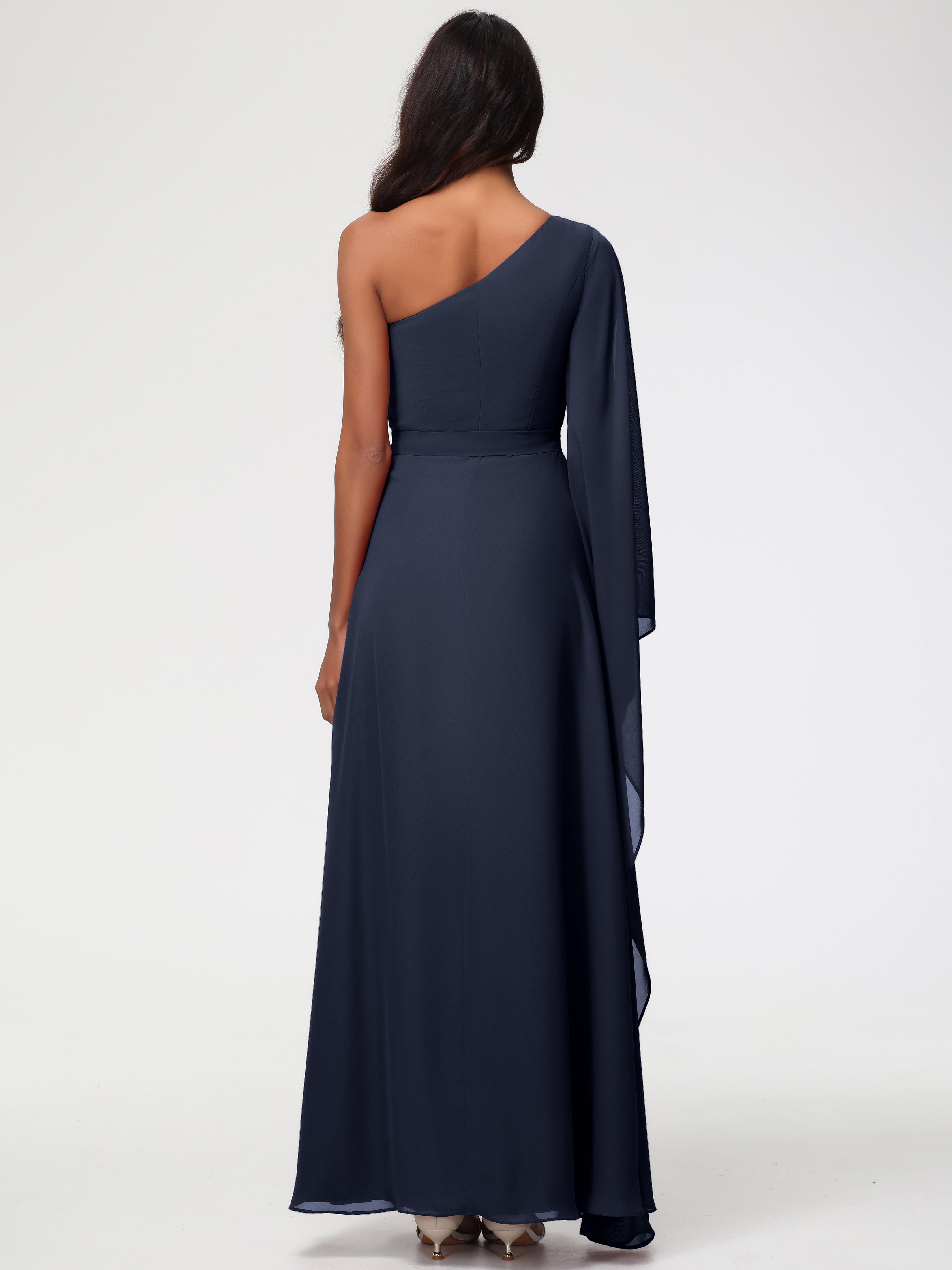 Robe De Demoiselle D Honneur Bleu Marine Seule-Épaule Manches Asymétriques Mousseline Robe Demoiselle D'Honneur