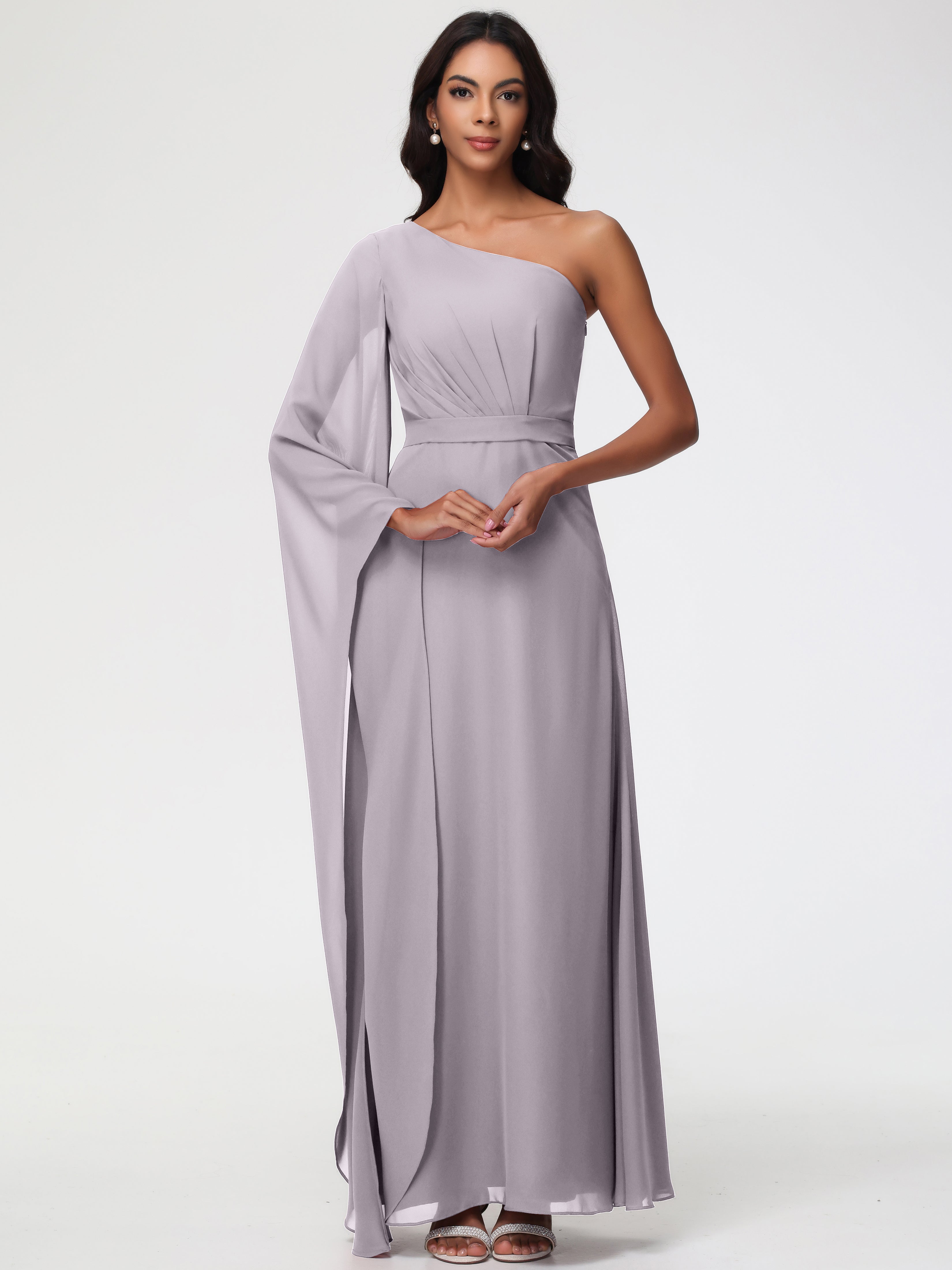 Robes De Demoiselle D'Honneur Crépuscule Seule-Épaule Manches Asymétriques Mousseline Robe Demoiselle D'Honneur