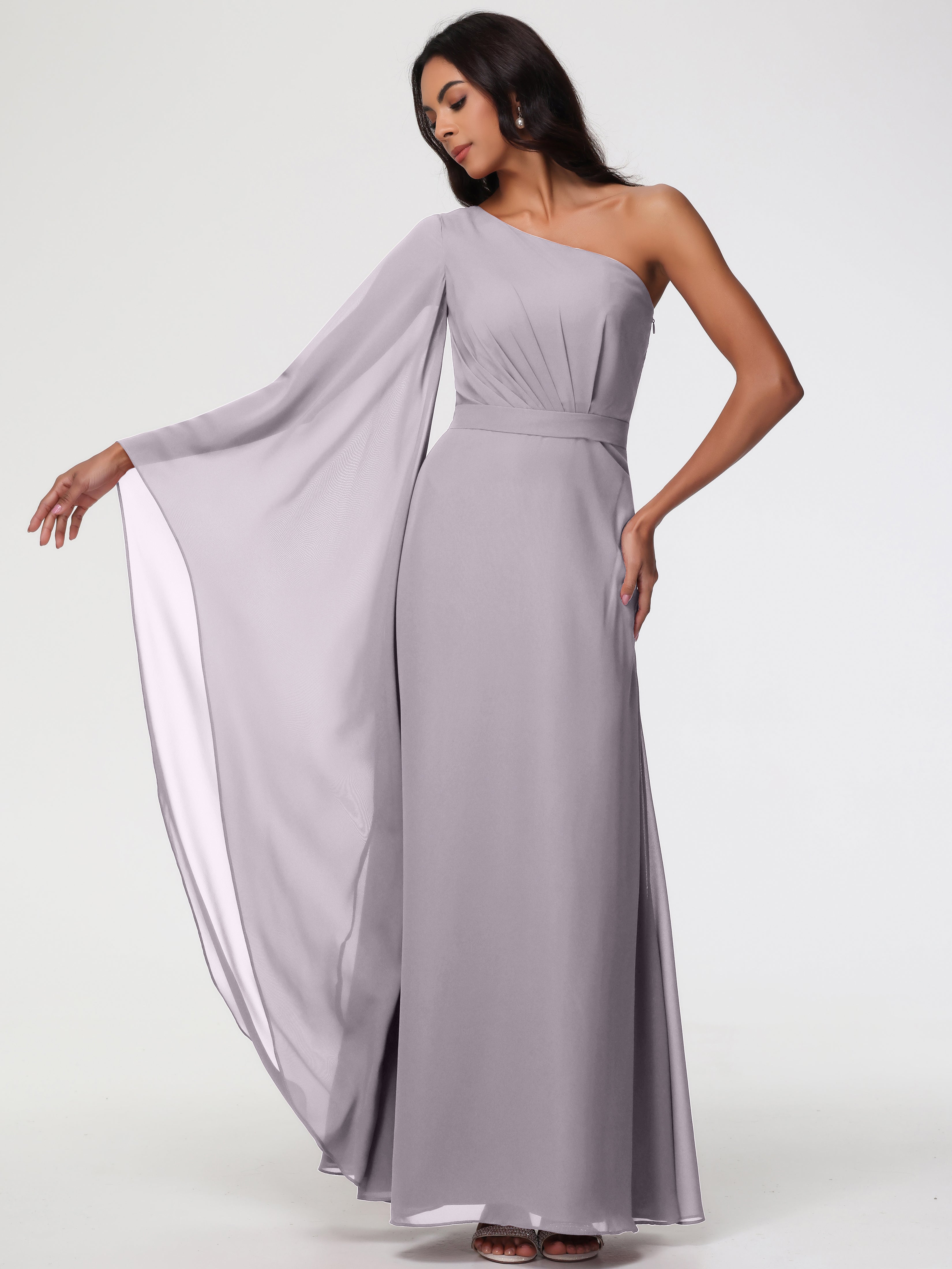 Robes De Demoiselle D'Honneur Crépuscule Seule-Épaule Manches Asymétriques Mousseline Robe Demoiselle D'Honneur