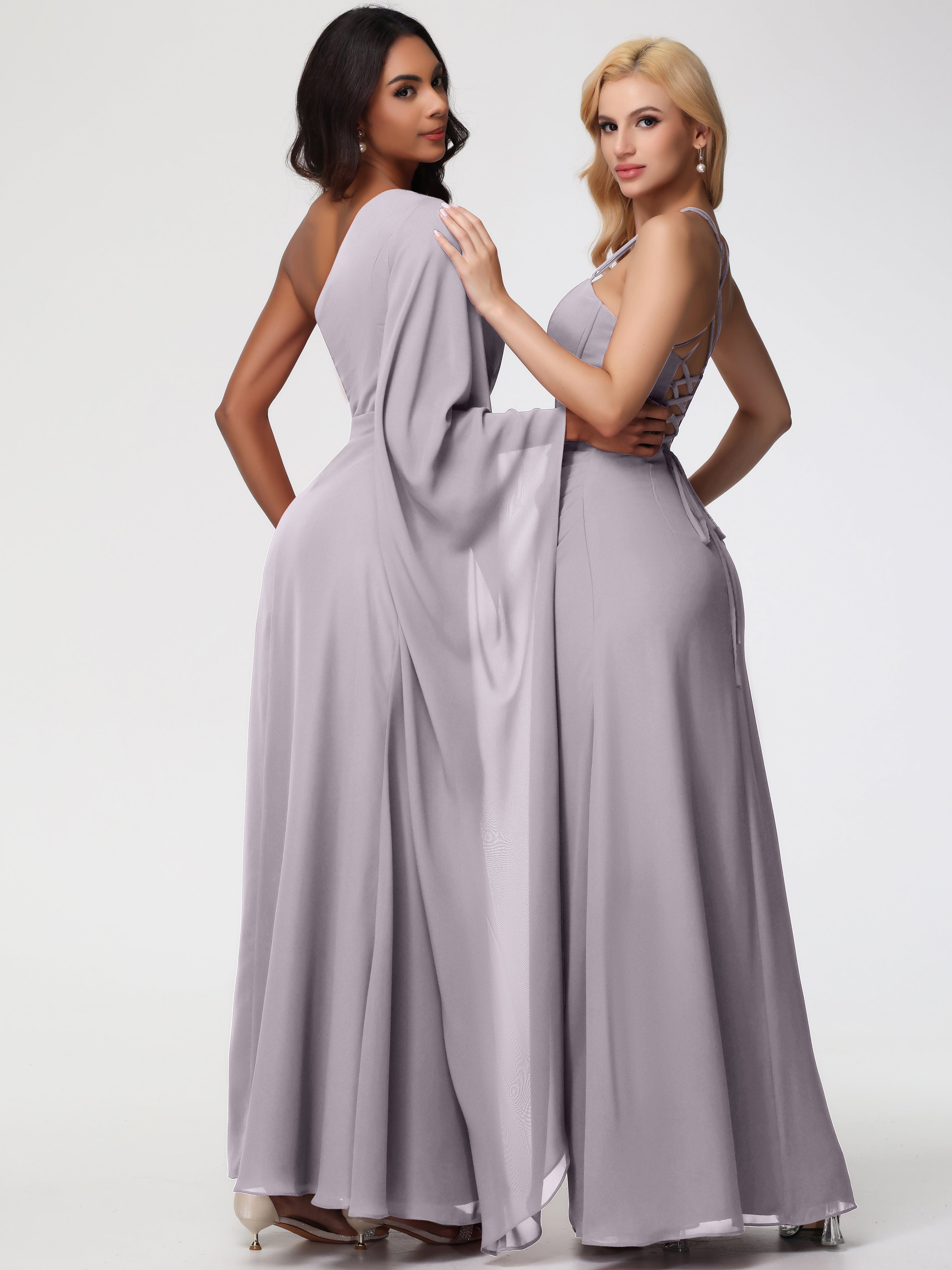 Robes De Demoiselle D'Honneur Crépuscule Seule-Épaule Manches Asymétriques Mousseline Robe Demoiselle D'Honneur