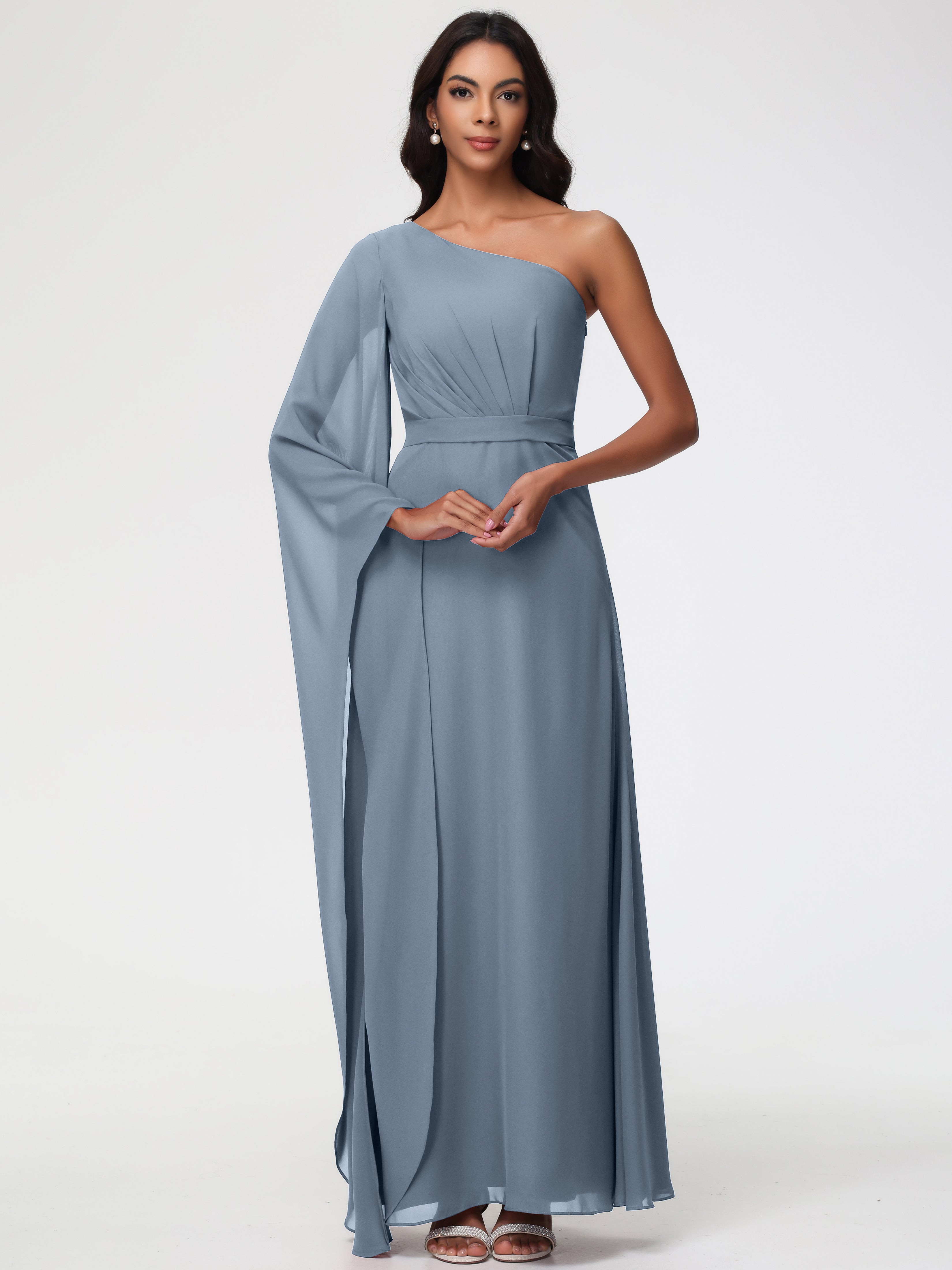 Robes De Demoiselle D'Honneur Bleu Poussiéreux Seule-Épaule Manches Asymétriques Mousseline Robe Demoiselle D'Honneur