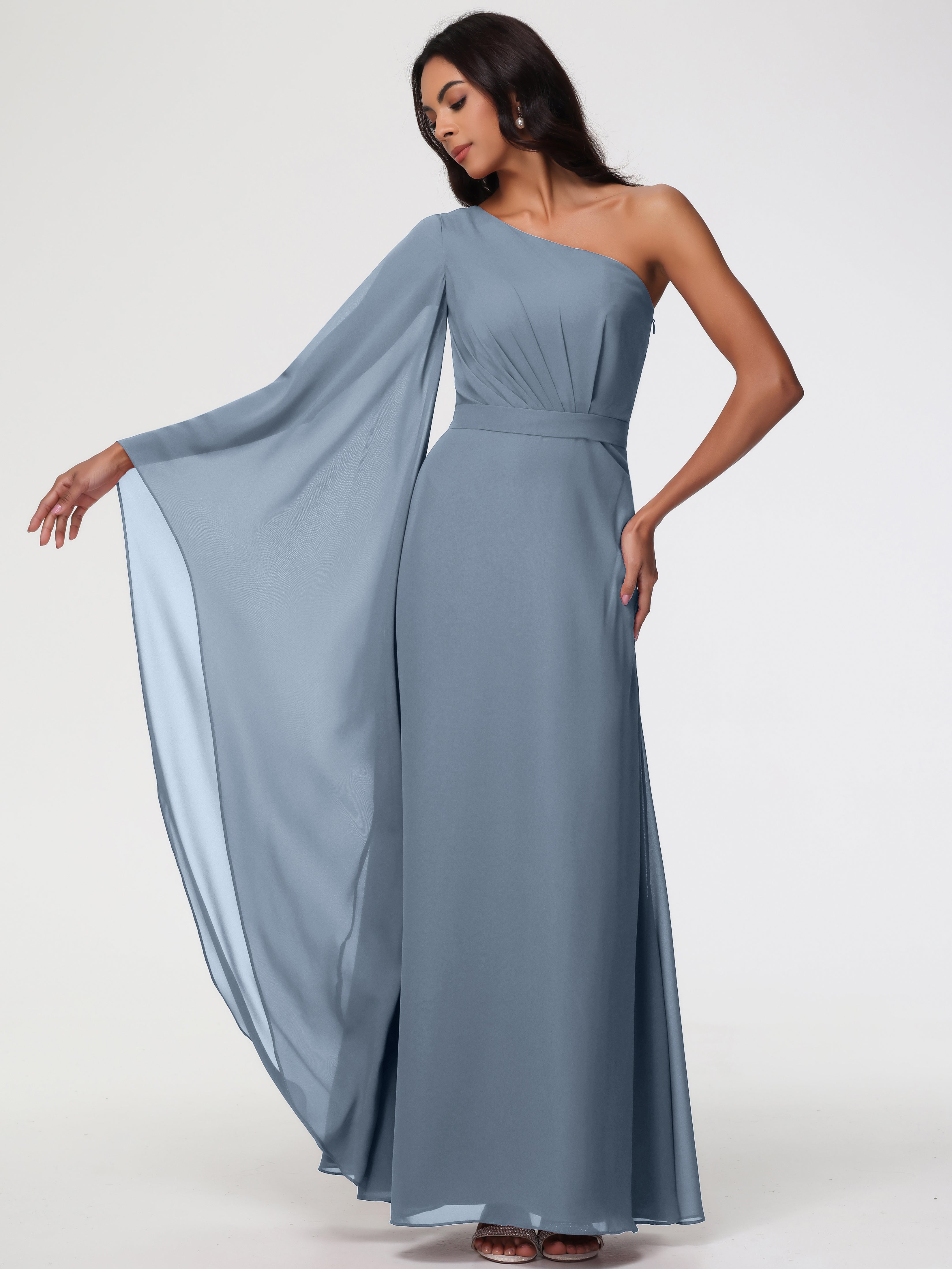 Robes De Demoiselle D'Honneur Bleu Poussiéreux Seule-Épaule Manches Asymétriques Mousseline Robe Demoiselle D'Honneur
