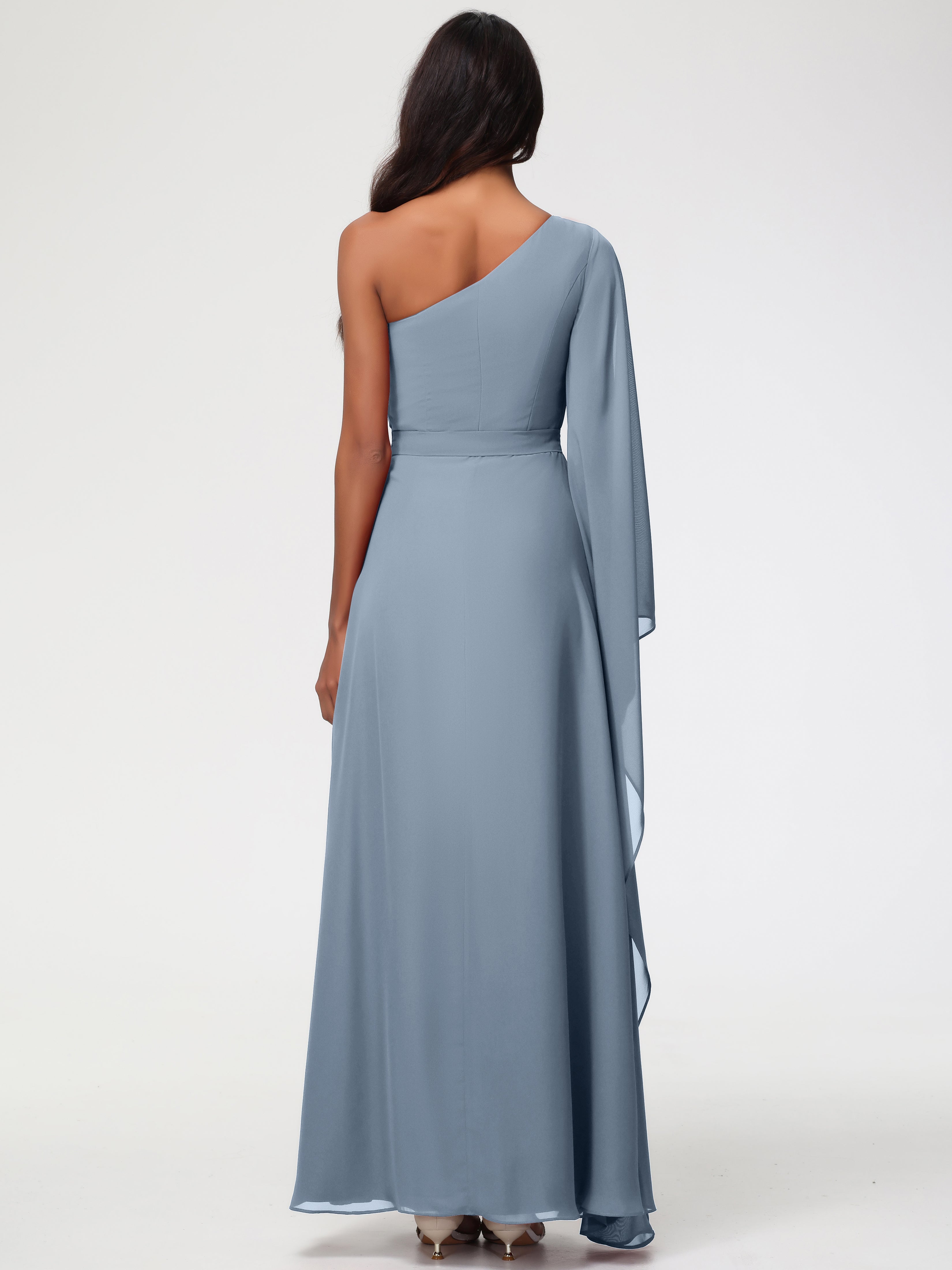 Robes De Demoiselle D'Honneur Bleu Poussiéreux Seule-Épaule Manches Asymétriques Mousseline Robe Demoiselle D'Honneur
