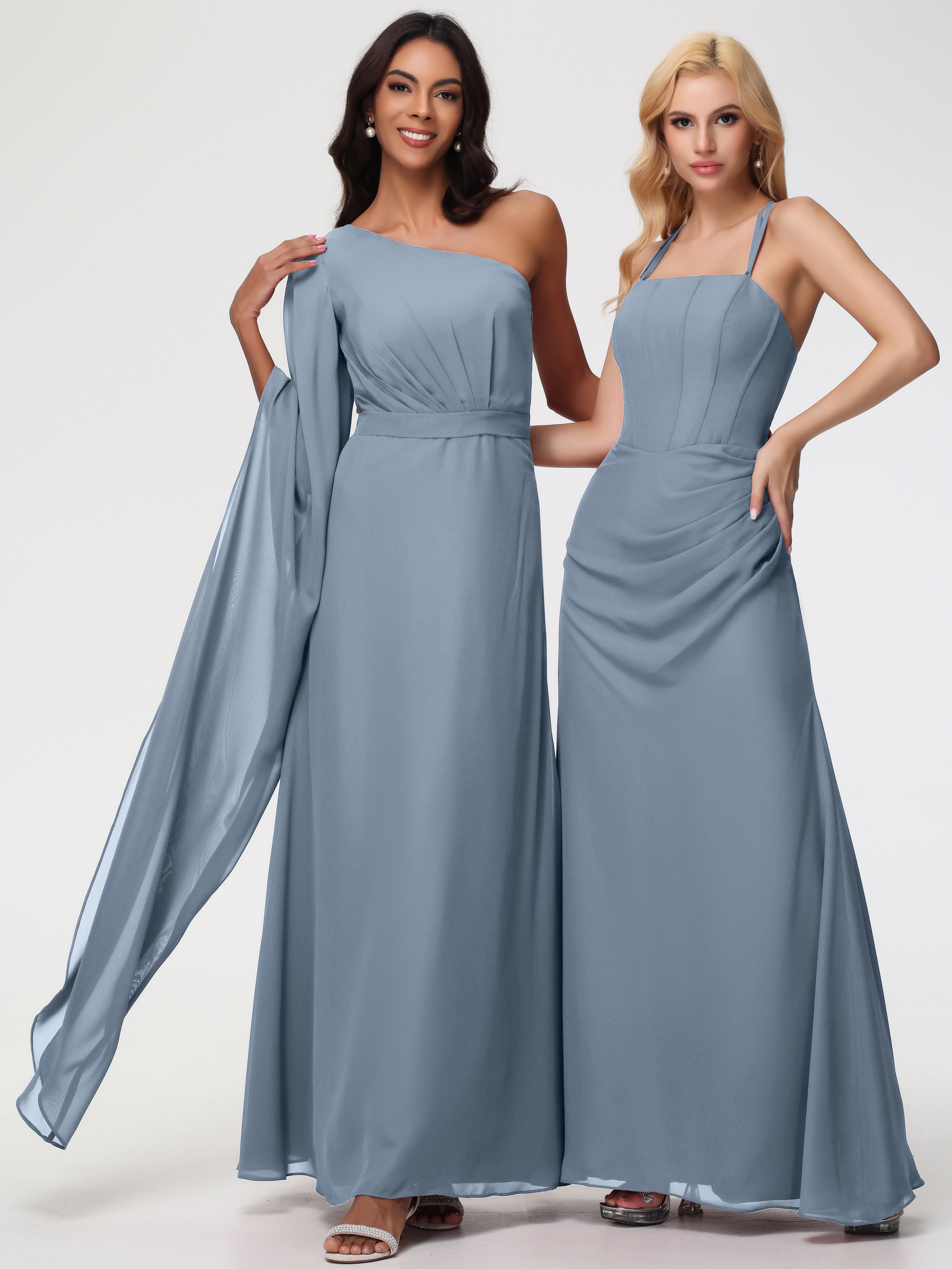 Robes De Demoiselle D'Honneur Bleu Poussiéreux Seule-Épaule Manches Asymétriques Mousseline Robe Demoiselle D'Honneur