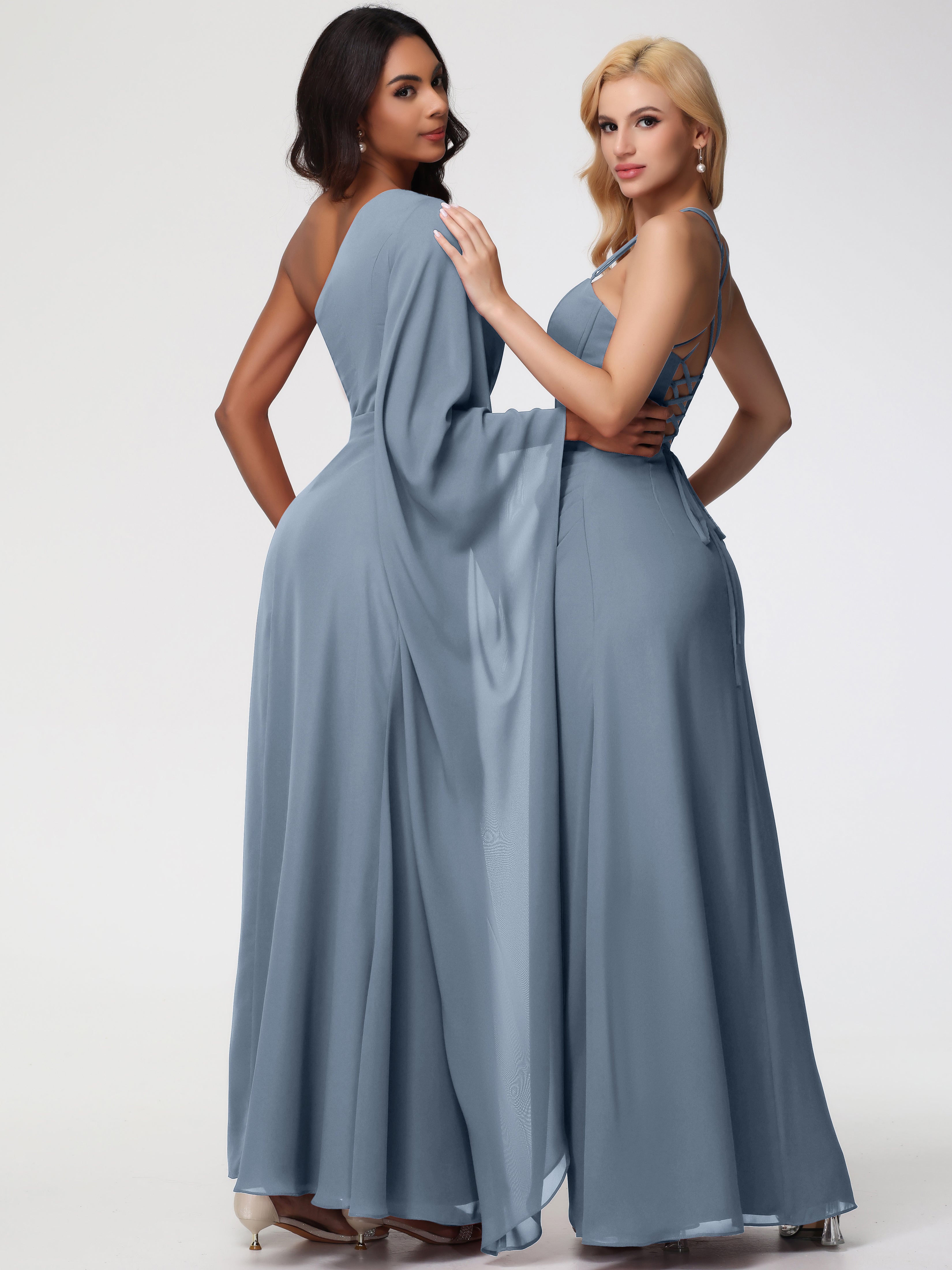 Robes De Demoiselle D'Honneur Bleu Poussiéreux Seule-Épaule Manches Asymétriques Mousseline Robe Demoiselle D'Honneur