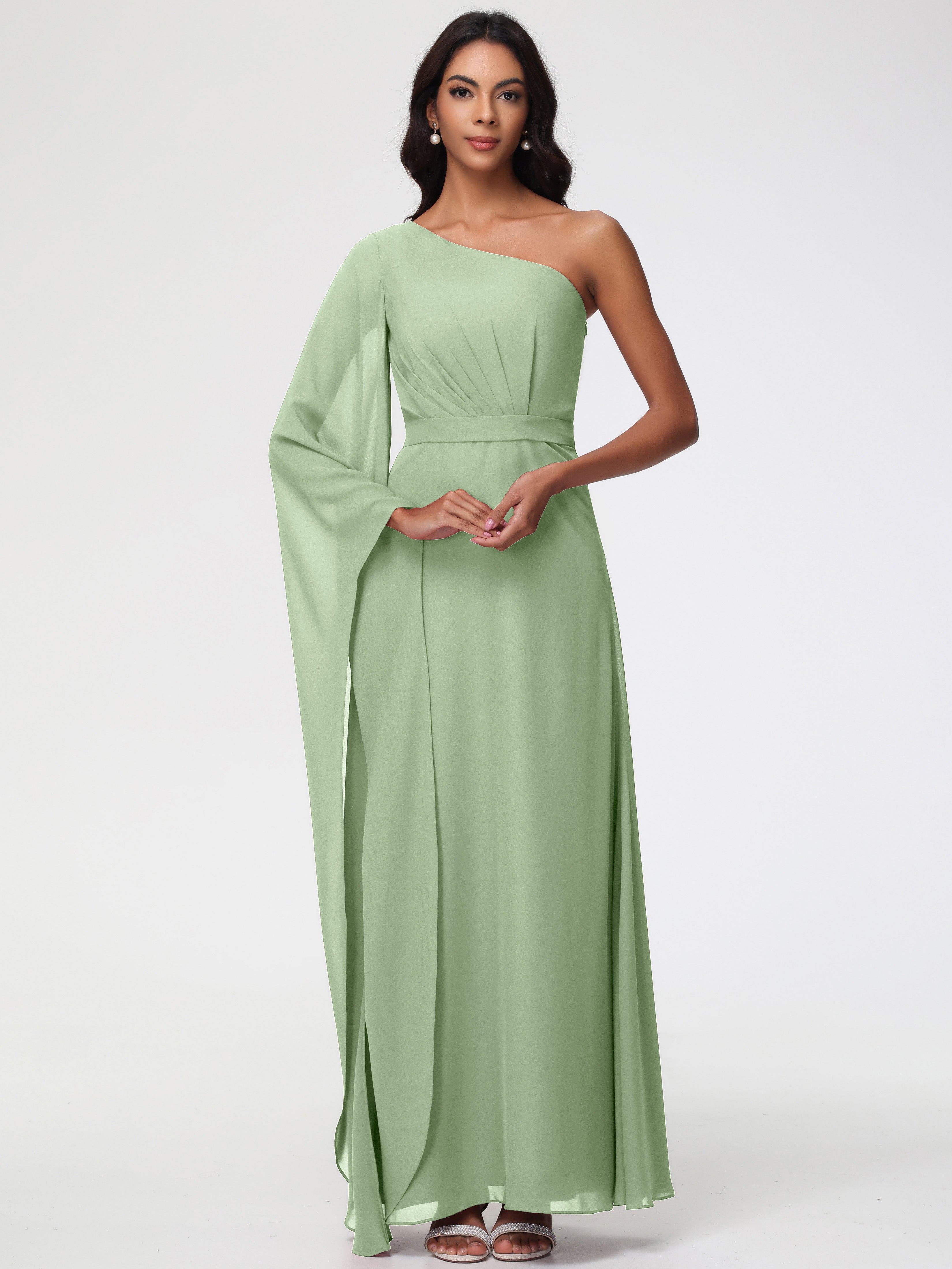 Robes De Demoiselle D'Honneur De Sauge Poussiéreuse Seule-Épaule Manches Asymétriques Mousseline Robe Demoiselle D'Honneur