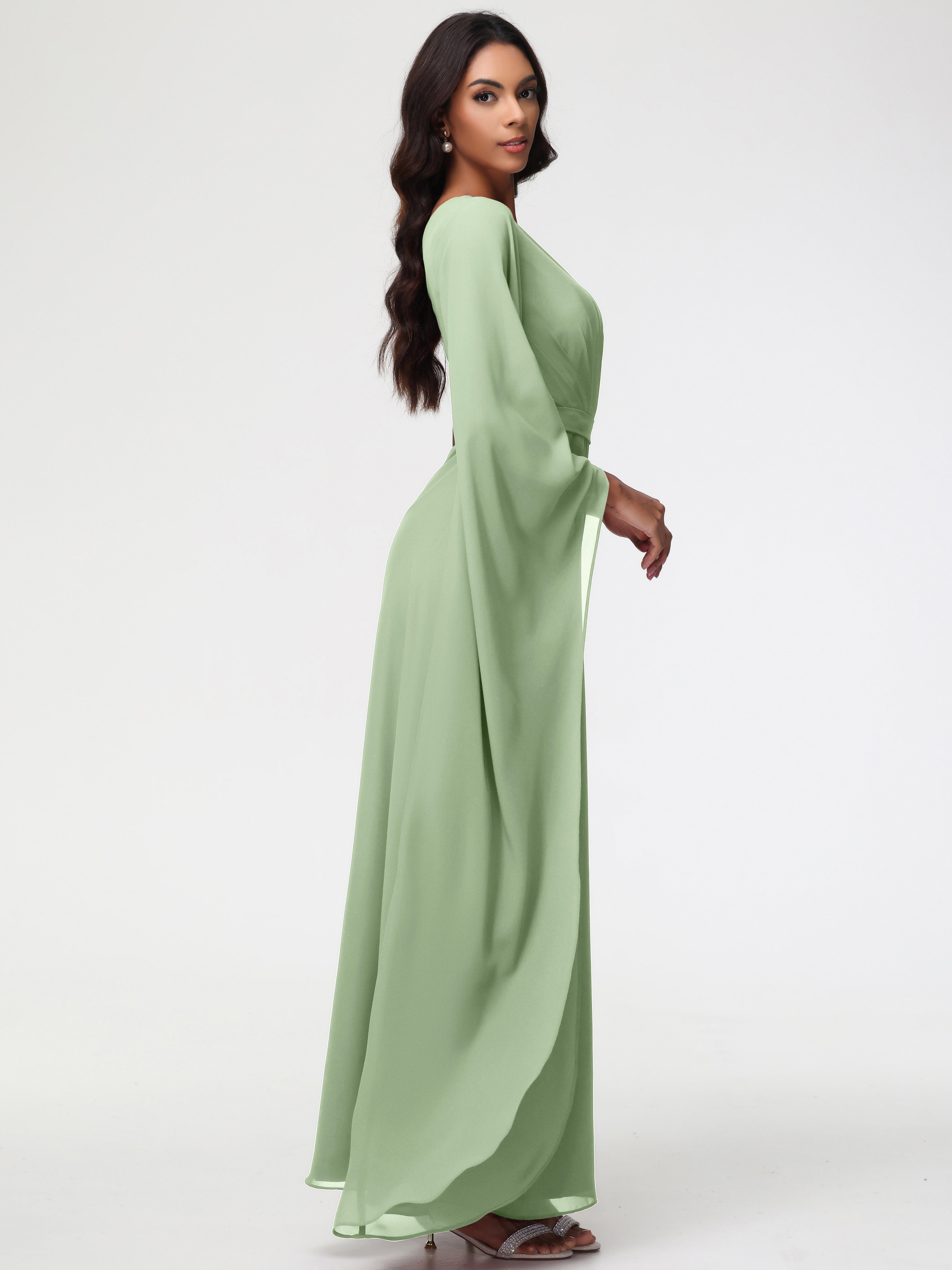 Robes De Demoiselle D'Honneur De Sauge Poussiéreuse Seule-Épaule Manches Asymétriques Mousseline Robe Demoiselle D'Honneur
