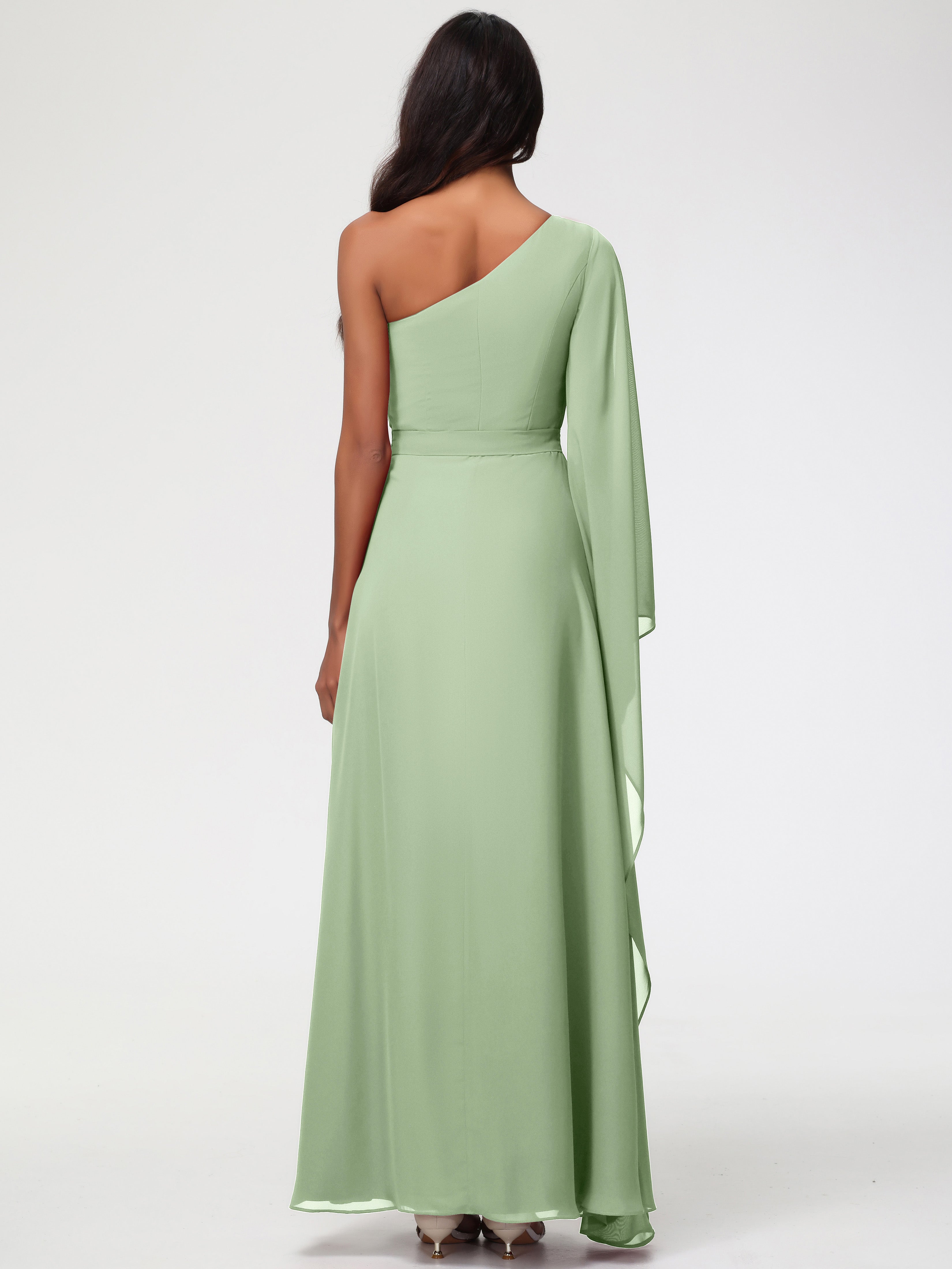 Robes De Demoiselle D'Honneur De Sauge Poussiéreuse Seule-Épaule Manches Asymétriques Mousseline Robe Demoiselle D'Honneur