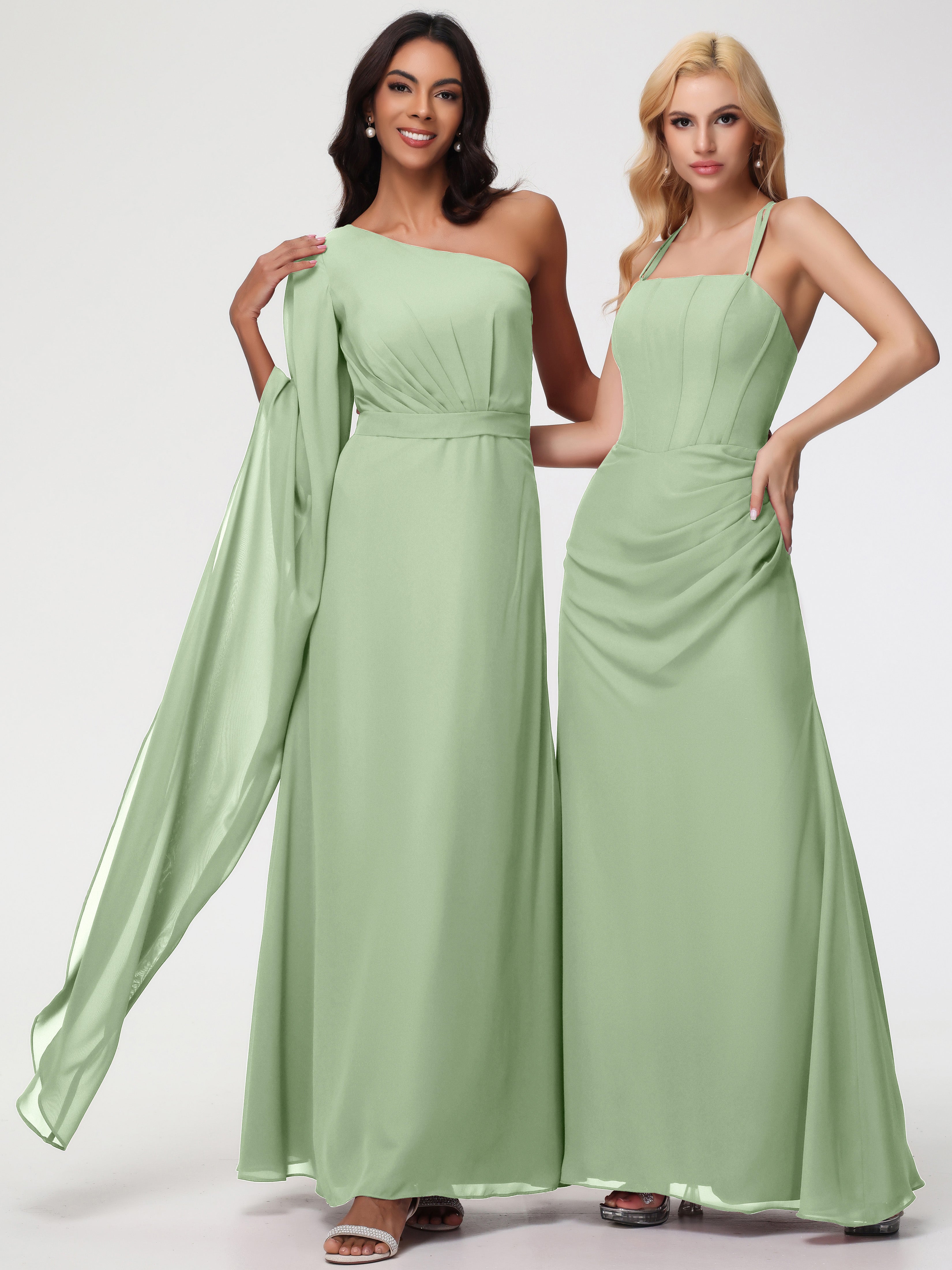 Robes De Demoiselle D'Honneur De Sauge Poussiéreuse Seule-Épaule Manches Asymétriques Mousseline Robe Demoiselle D'Honneur