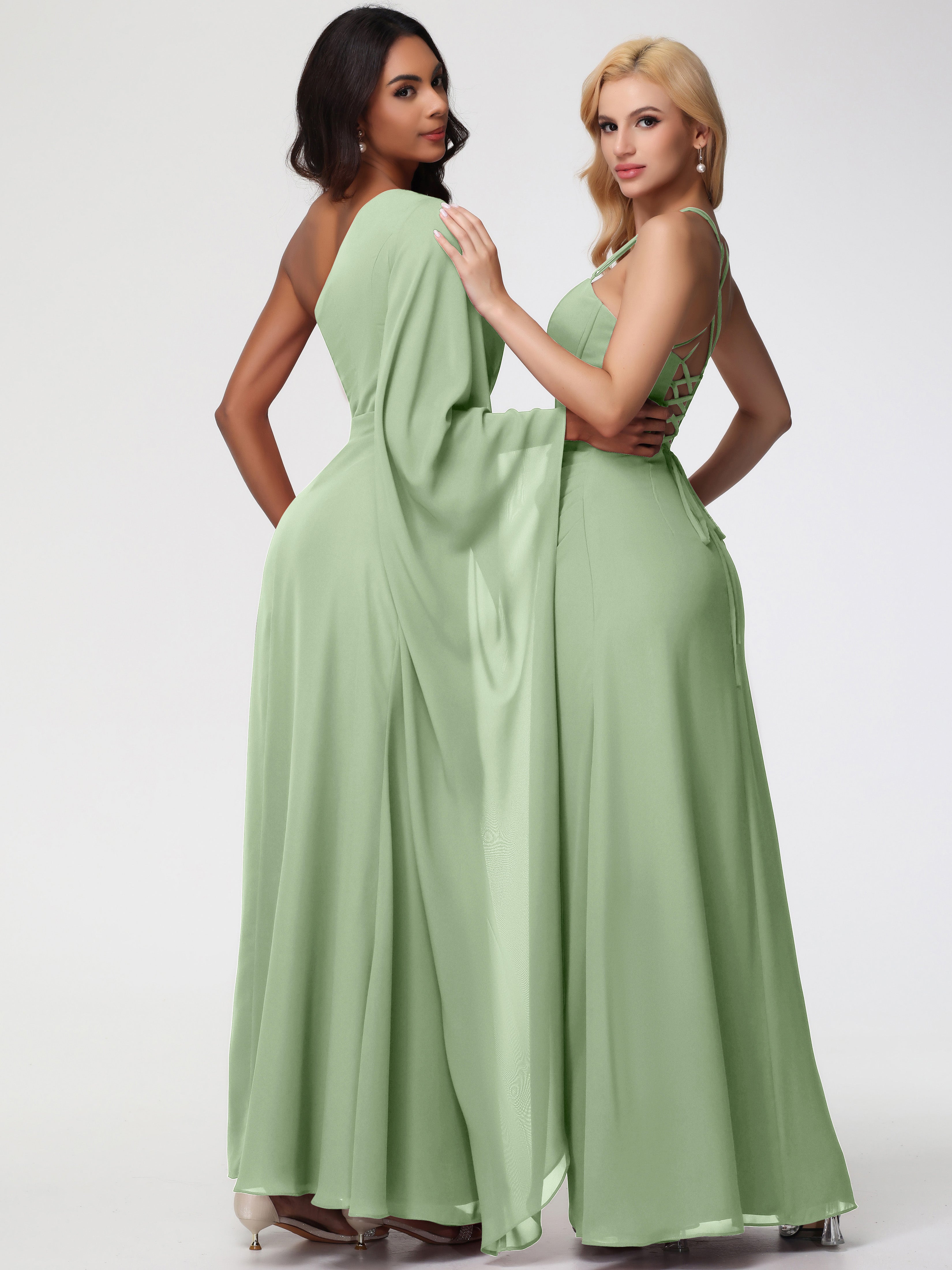 Robes De Demoiselle D'Honneur De Sauge Poussiéreuse Seule-Épaule Manches Asymétriques Mousseline Robe Demoiselle D'Honneur