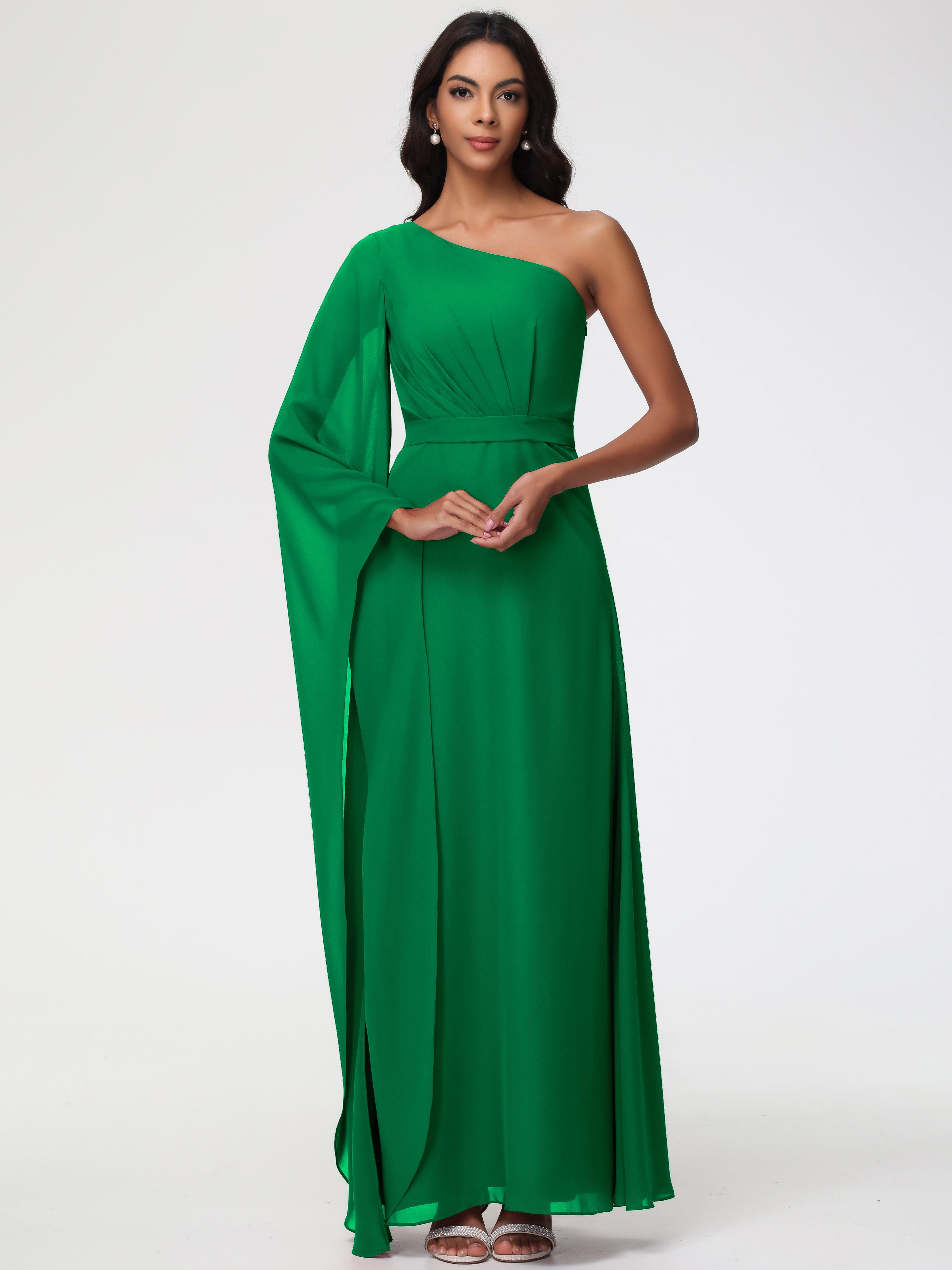 Robe Demoiselle D Honneur Vert Émeraude Seule-Épaule Manches Asymétriques Mousseline Robe Demoiselle D'Honneur