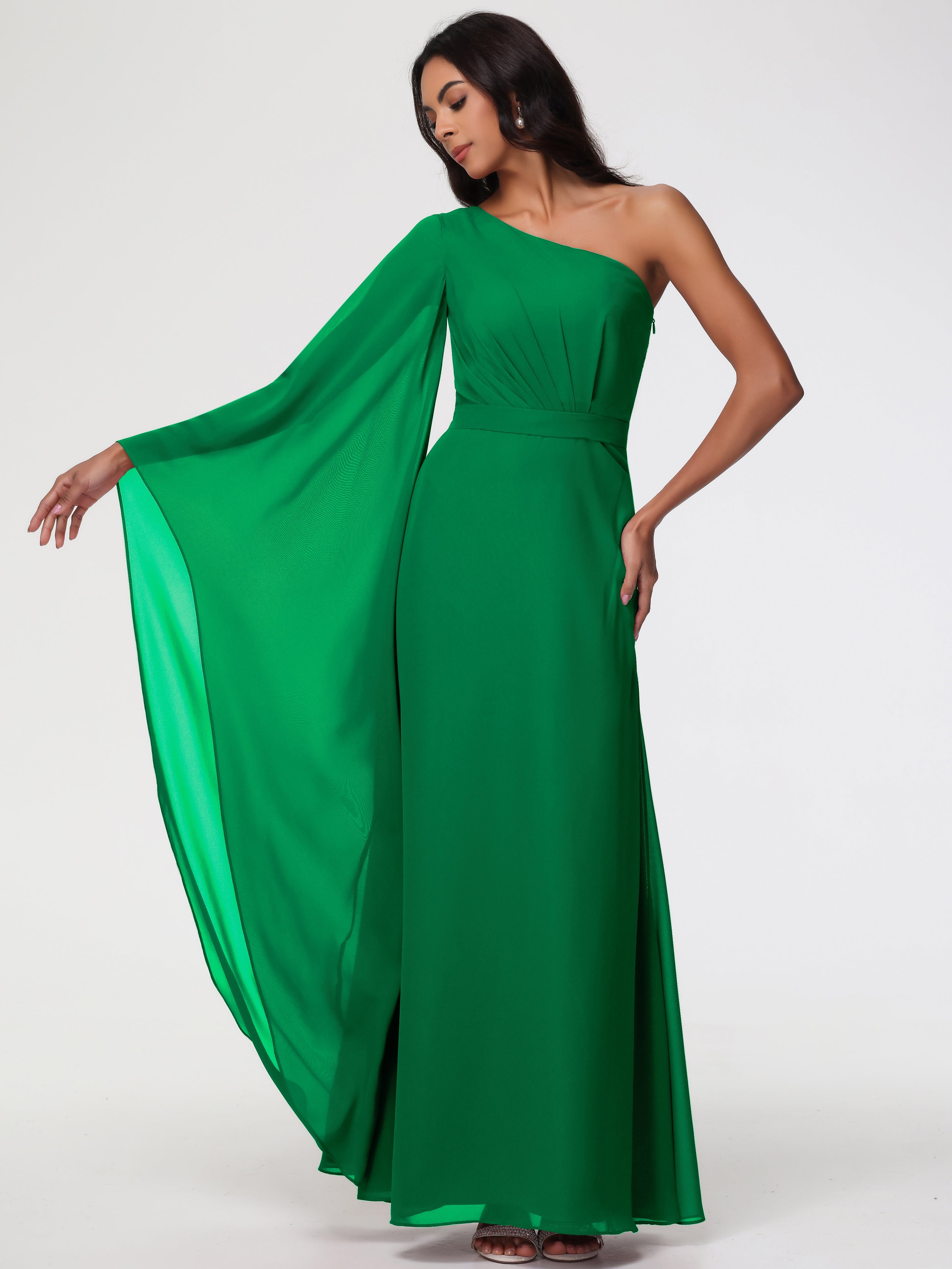 Robe Demoiselle D Honneur Vert Émeraude Seule-Épaule Manches Asymétriques Mousseline Robe Demoiselle D'Honneur