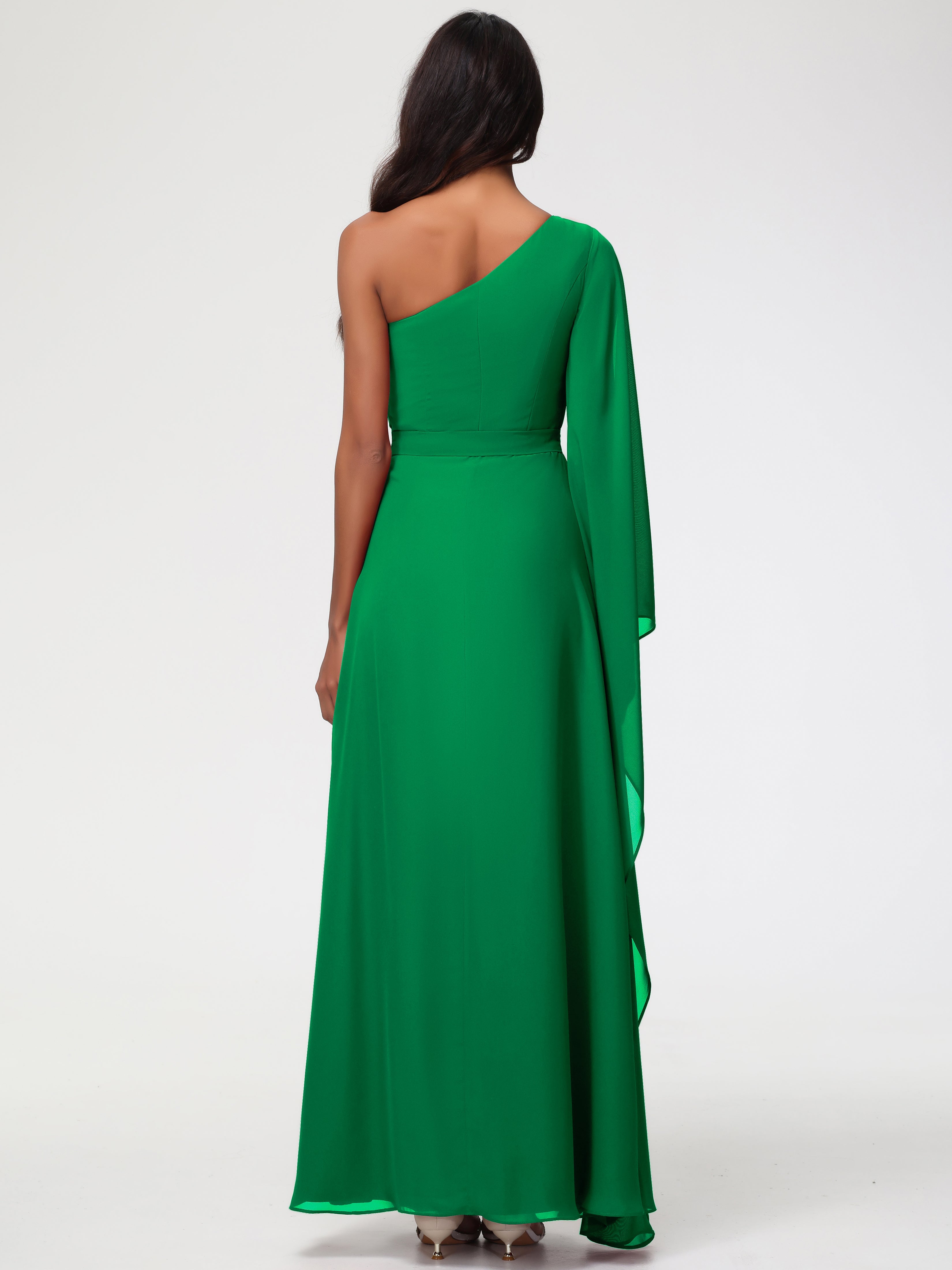 Robe Demoiselle D Honneur Vert Émeraude Seule-Épaule Manches Asymétriques Mousseline Robe Demoiselle D'Honneur