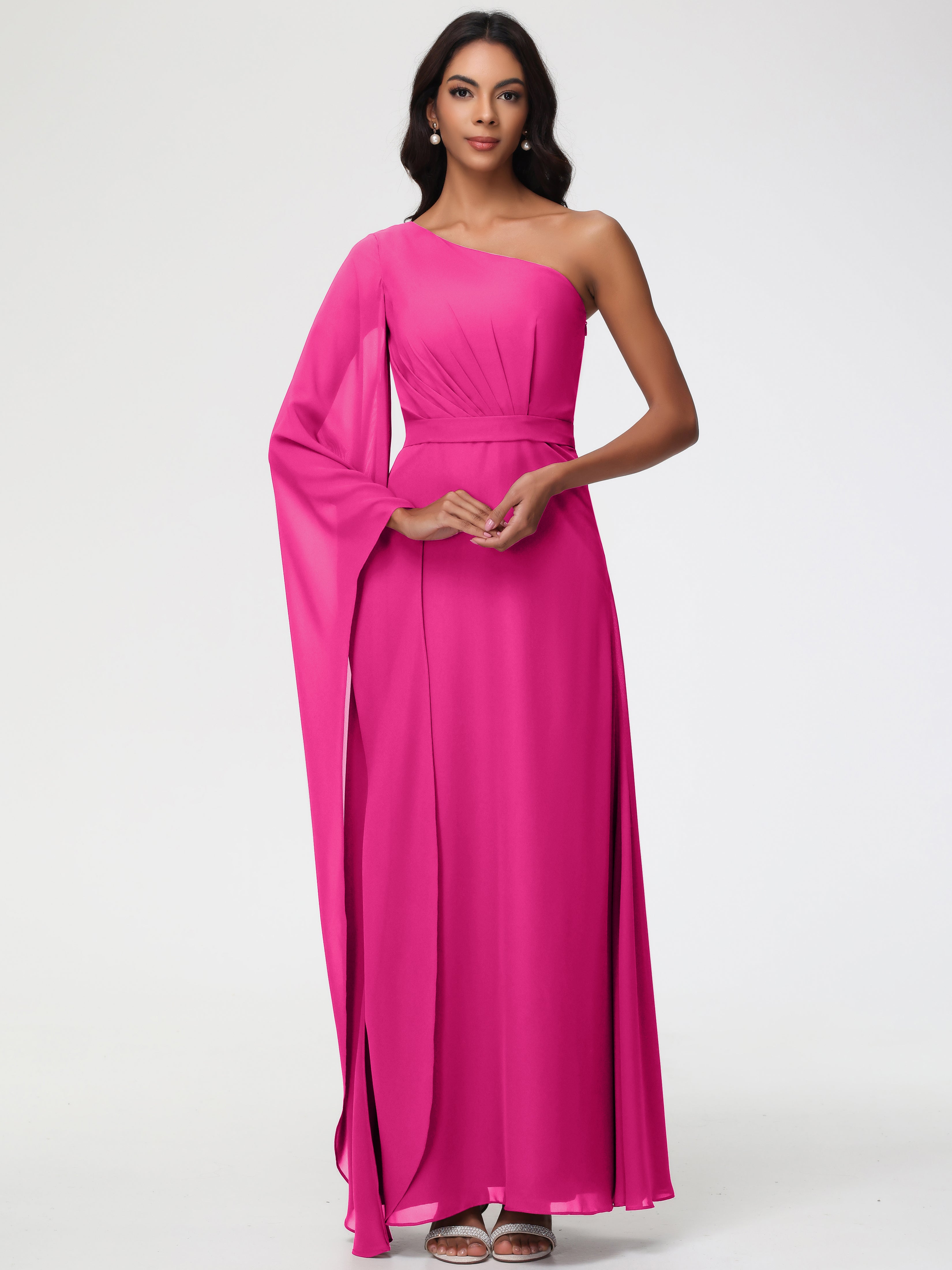 Robe Demoiselle D Honneur Rose Fuchsia Seule-Épaule Manches Asymétriques Mousseline Robe Demoiselle D'Honneur