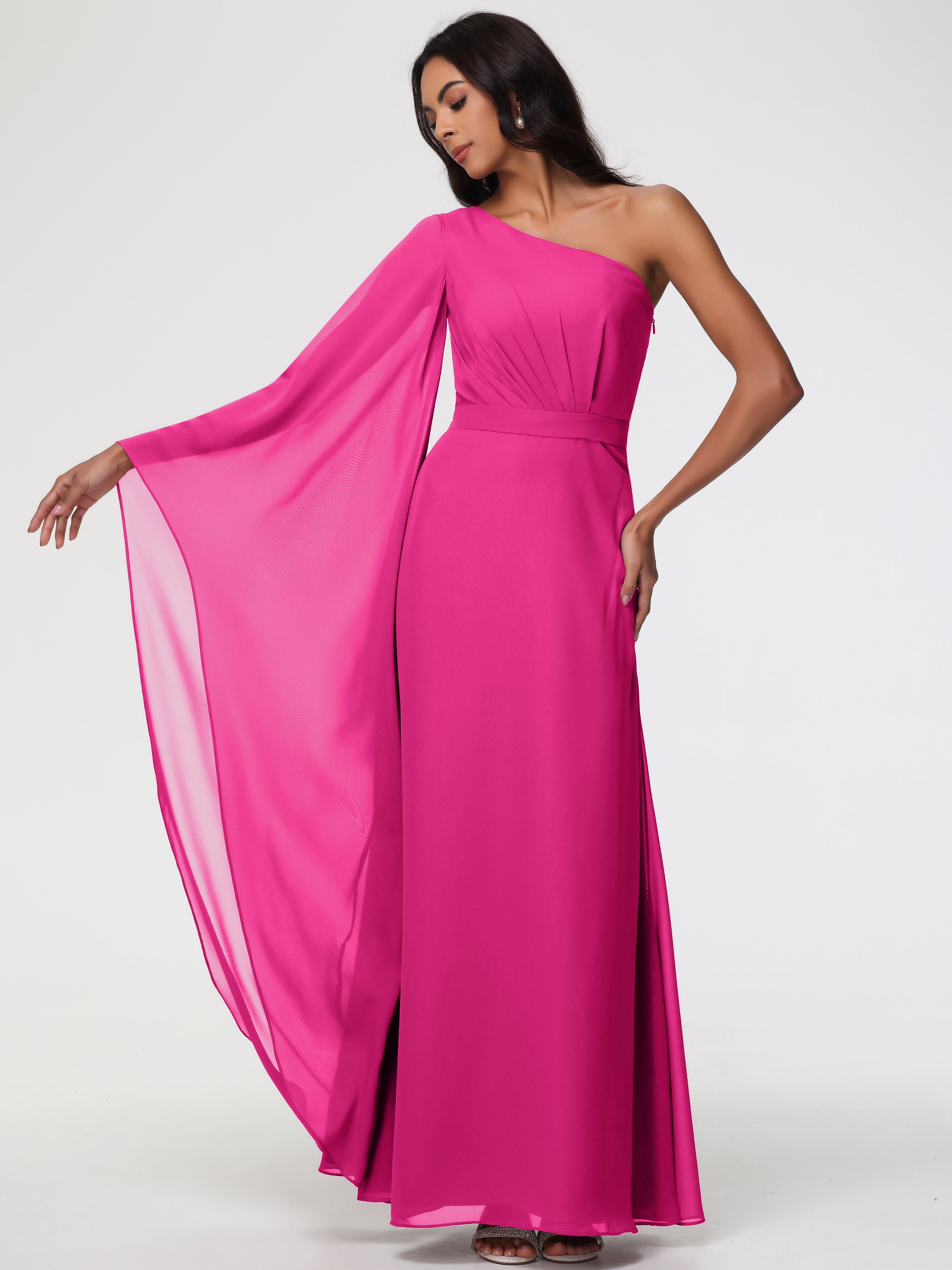 Robe Demoiselle D Honneur Rose Fuchsia Seule-Épaule Manches Asymétriques Mousseline Robe Demoiselle D'Honneur