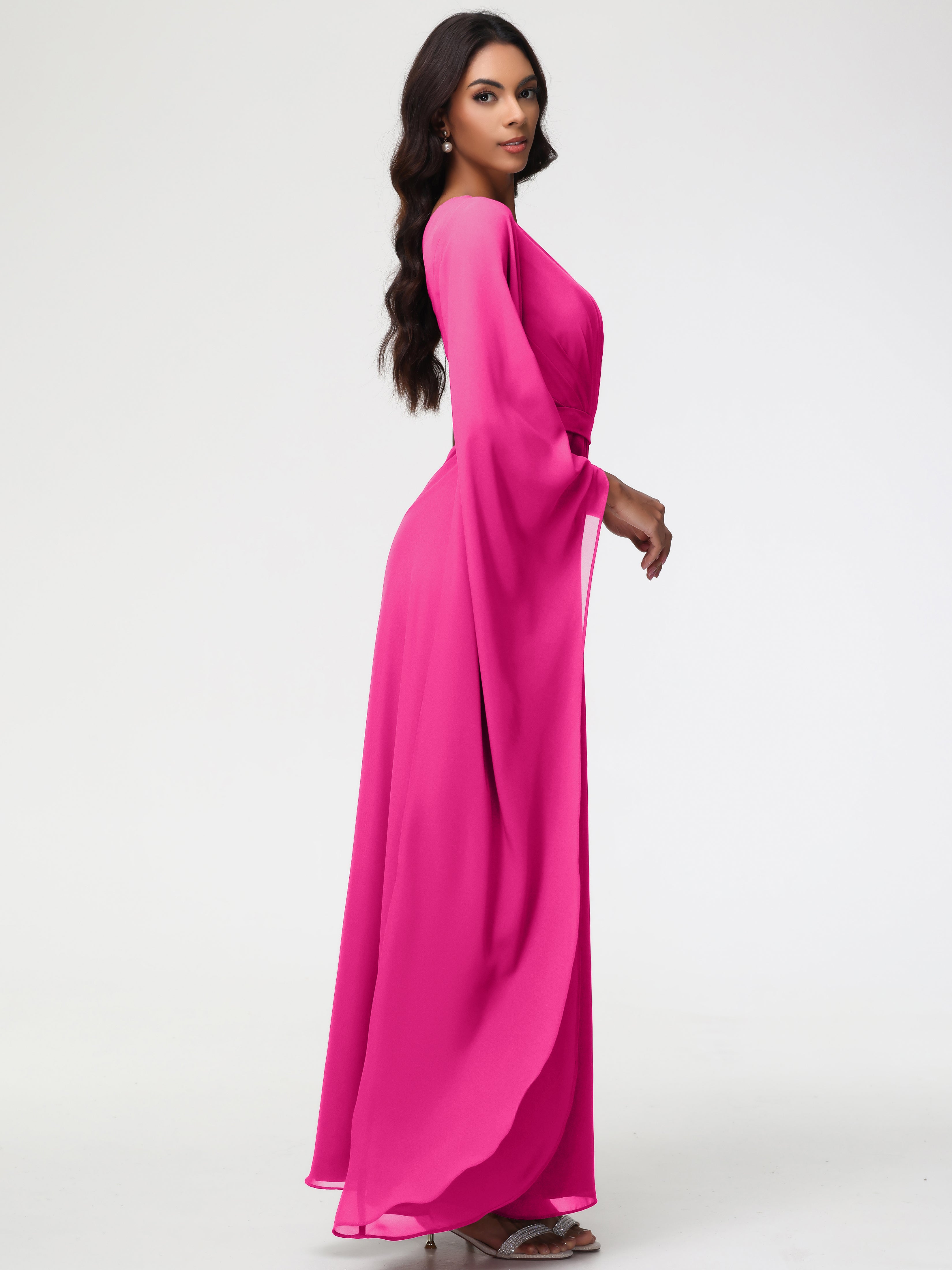 Robe Demoiselle D Honneur Rose Fuchsia Seule-Épaule Manches Asymétriques Mousseline Robe Demoiselle D'Honneur