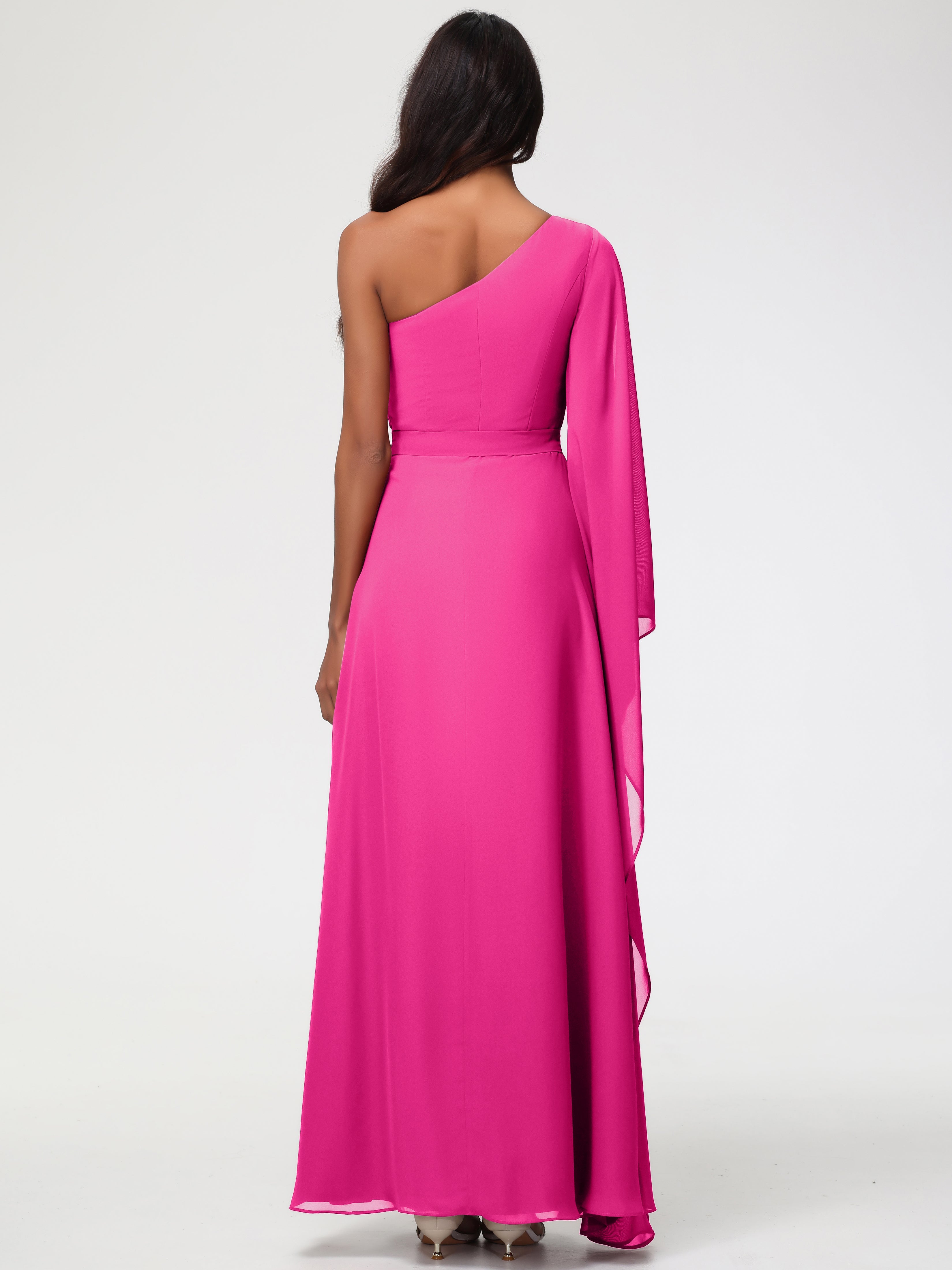 Robe Demoiselle D Honneur Rose Fuchsia Seule-Épaule Manches Asymétriques Mousseline Robe Demoiselle D'Honneur