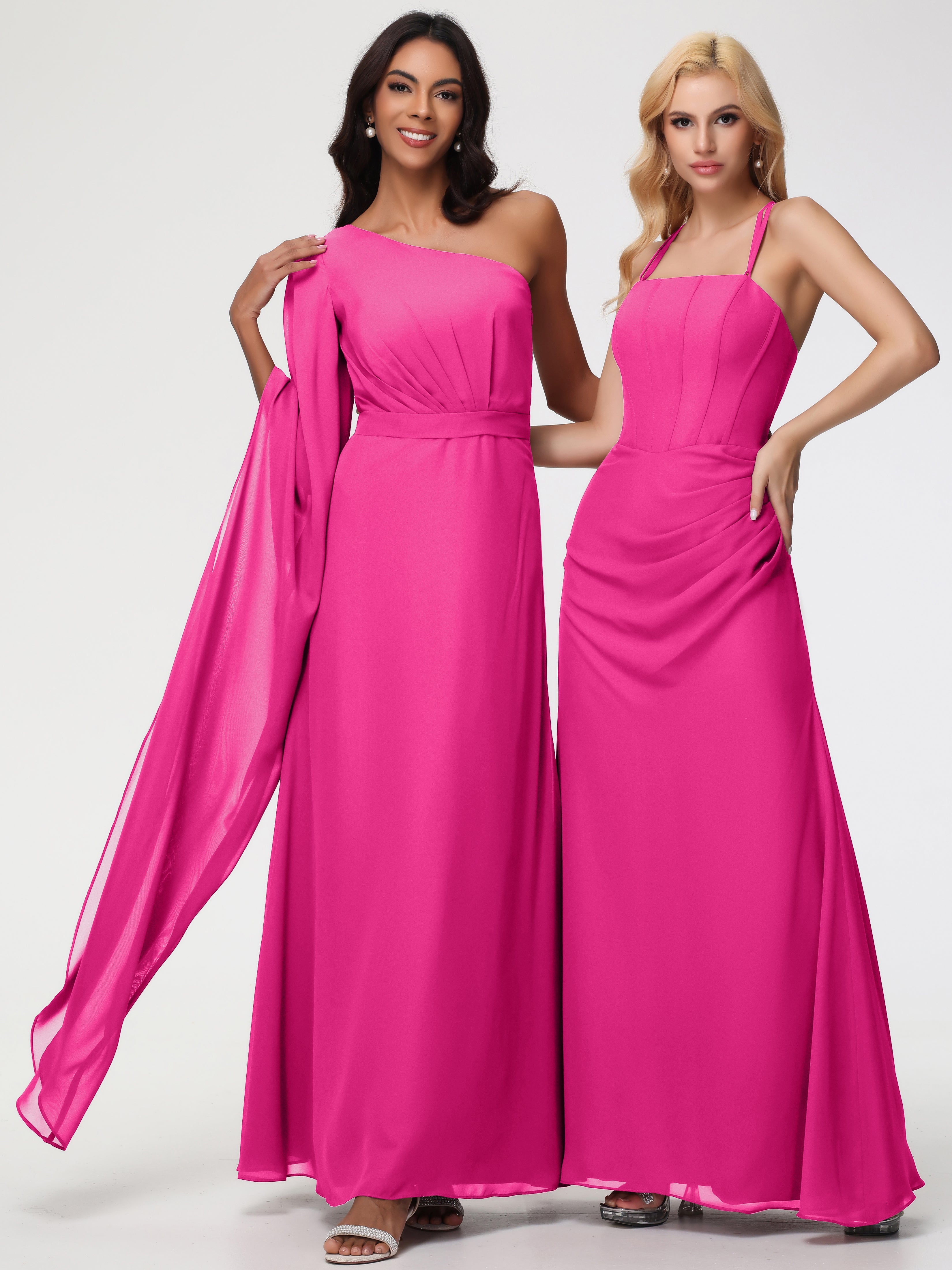 Robe Demoiselle D Honneur Rose Fuchsia Seule-Épaule Manches Asymétriques Mousseline Robe Demoiselle D'Honneur