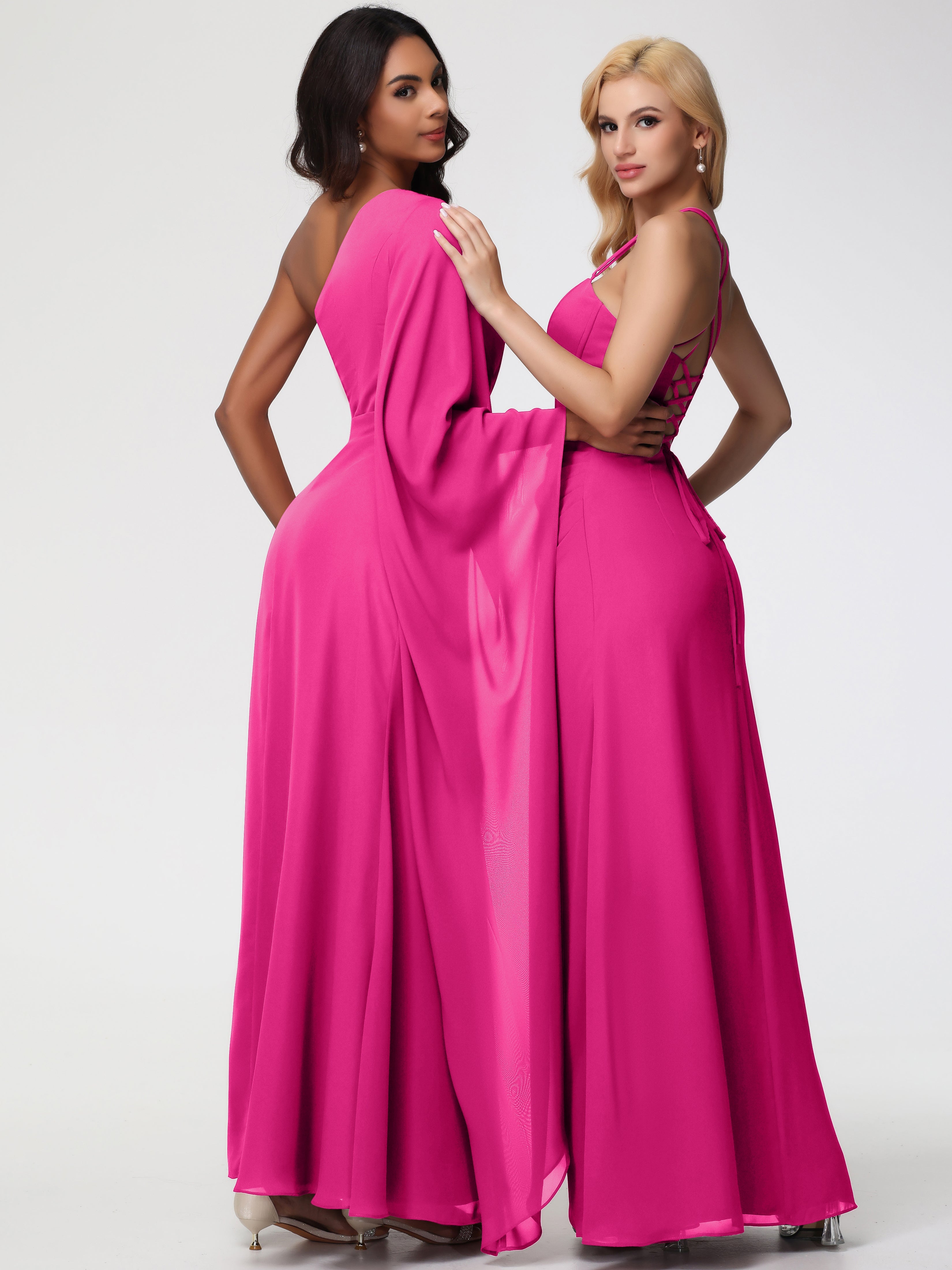 Robe Demoiselle D Honneur Rose Fuchsia Seule-Épaule Manches Asymétriques Mousseline Robe Demoiselle D'Honneur