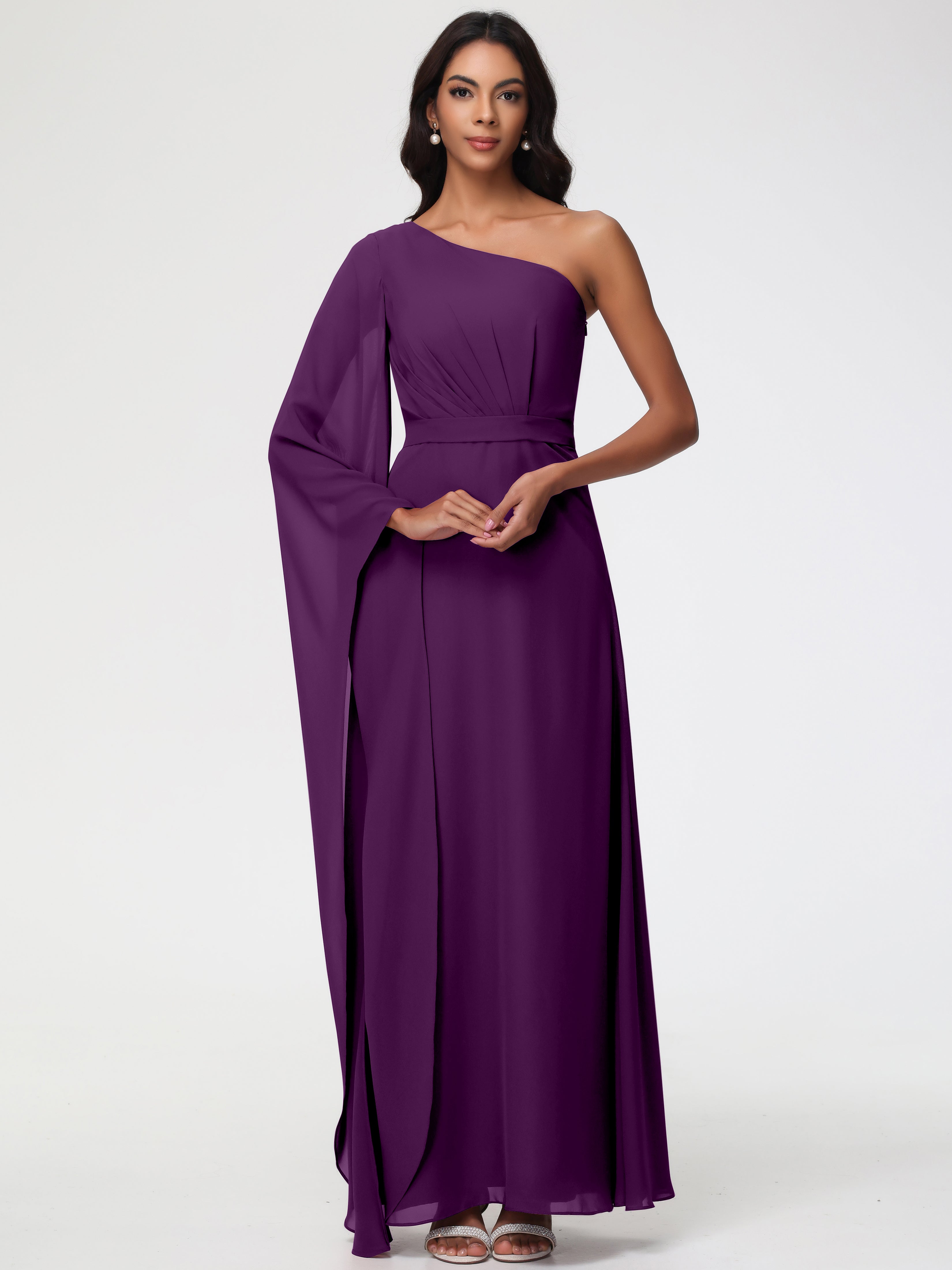 Robes De Demoiselle D'Honneur En Raisin Seule-Épaule Manches Asymétriques Mousseline Robe Demoiselle D'Honneur