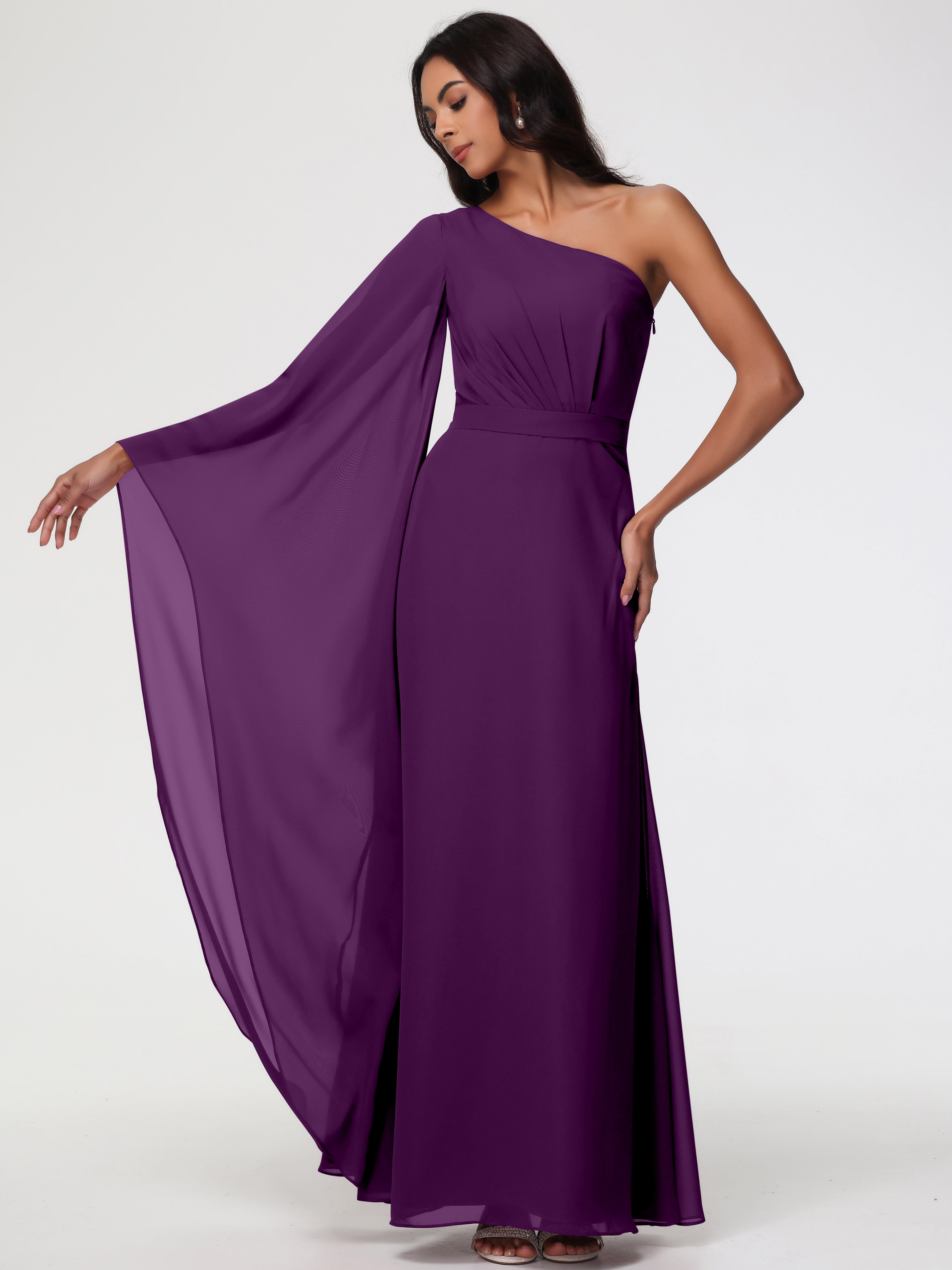 Robes De Demoiselle D'Honneur En Raisin Seule-Épaule Manches Asymétriques Mousseline Robe Demoiselle D'Honneur