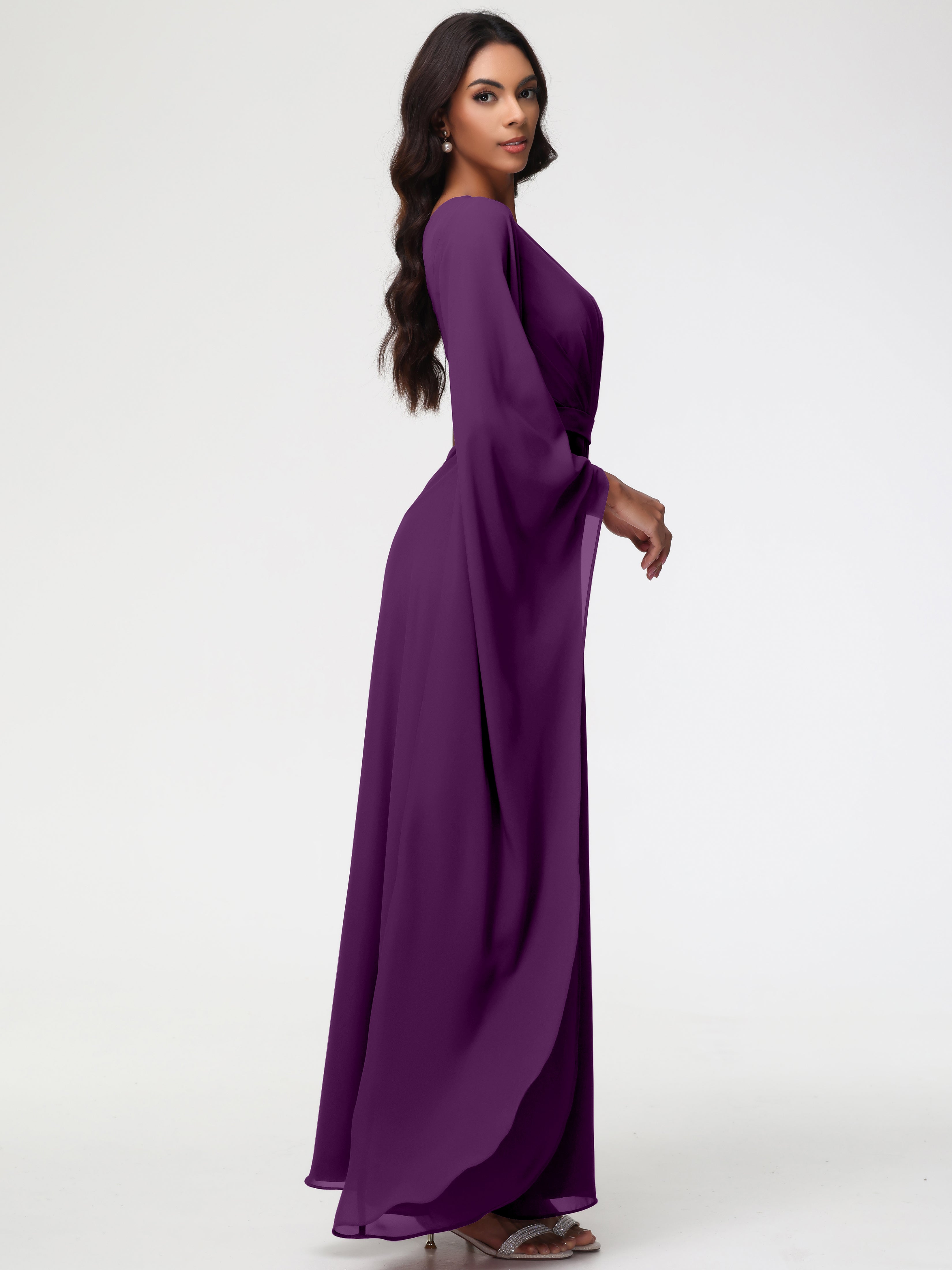 Robes De Demoiselle D'Honneur En Raisin Seule-Épaule Manches Asymétriques Mousseline Robe Demoiselle D'Honneur