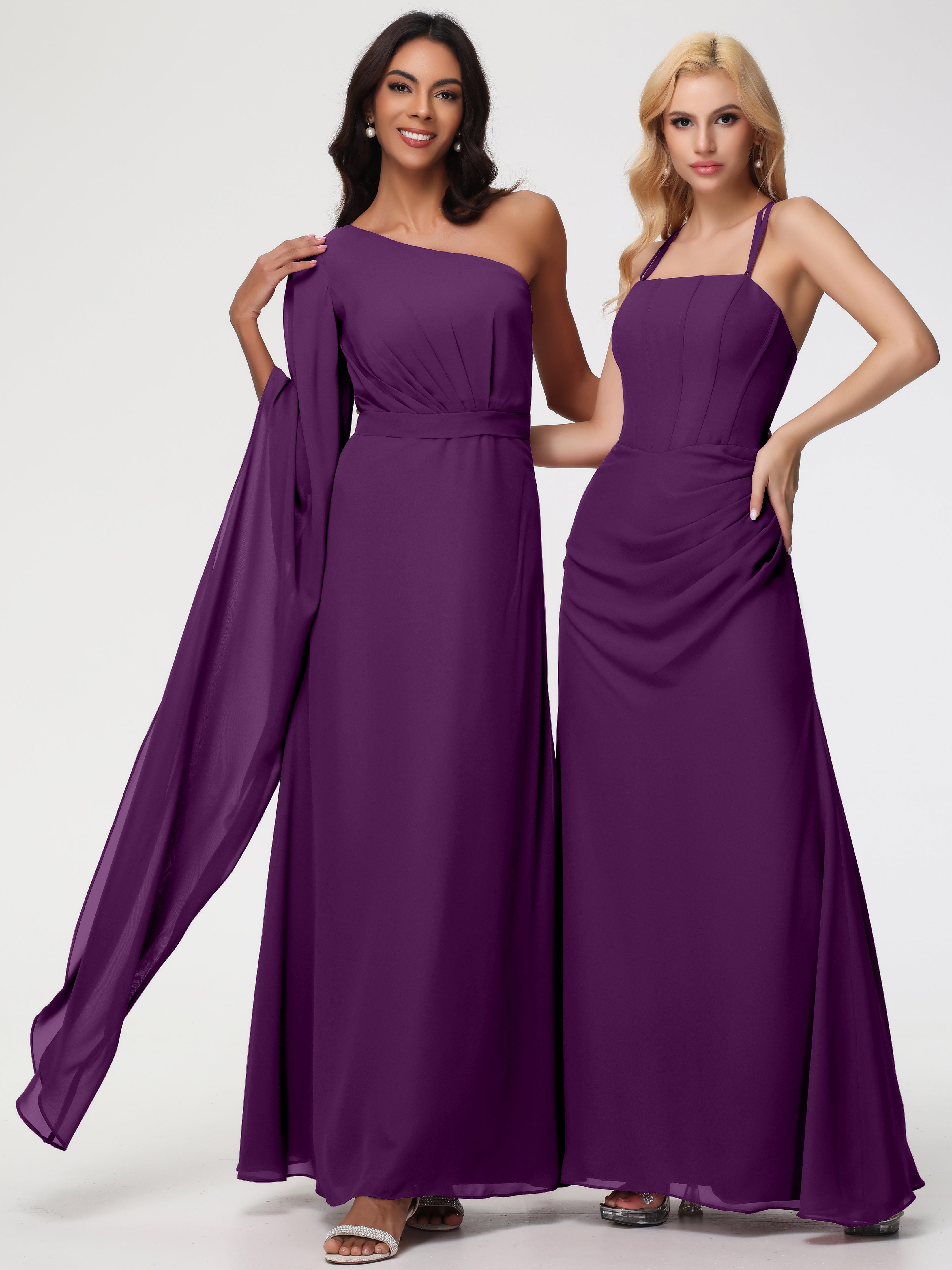 Robes De Demoiselle D'Honneur En Raisin Seule-Épaule Manches Asymétriques Mousseline Robe Demoiselle D'Honneur