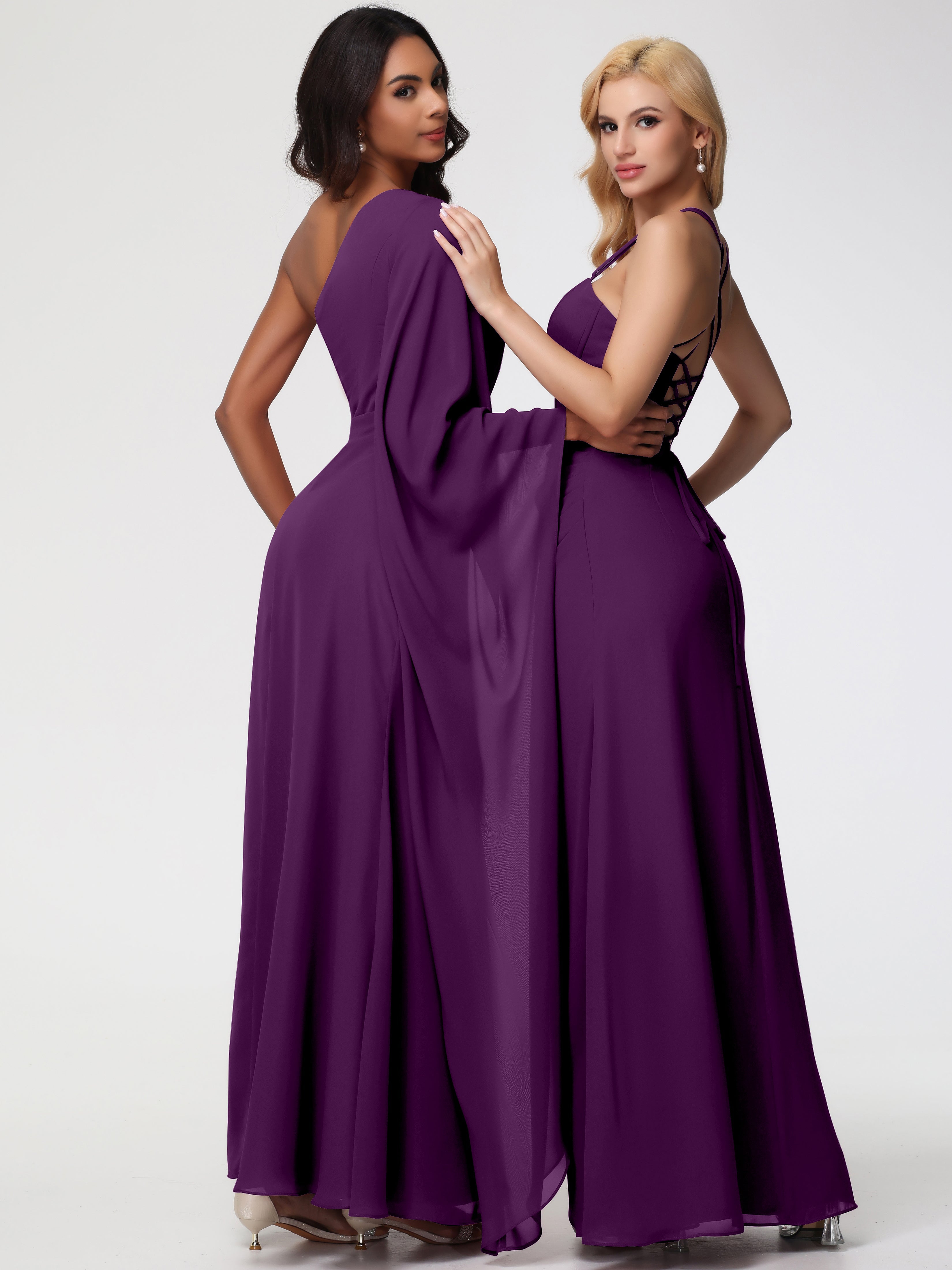 Robes De Demoiselle D'Honneur En Raisin Seule-Épaule Manches Asymétriques Mousseline Robe Demoiselle D'Honneur