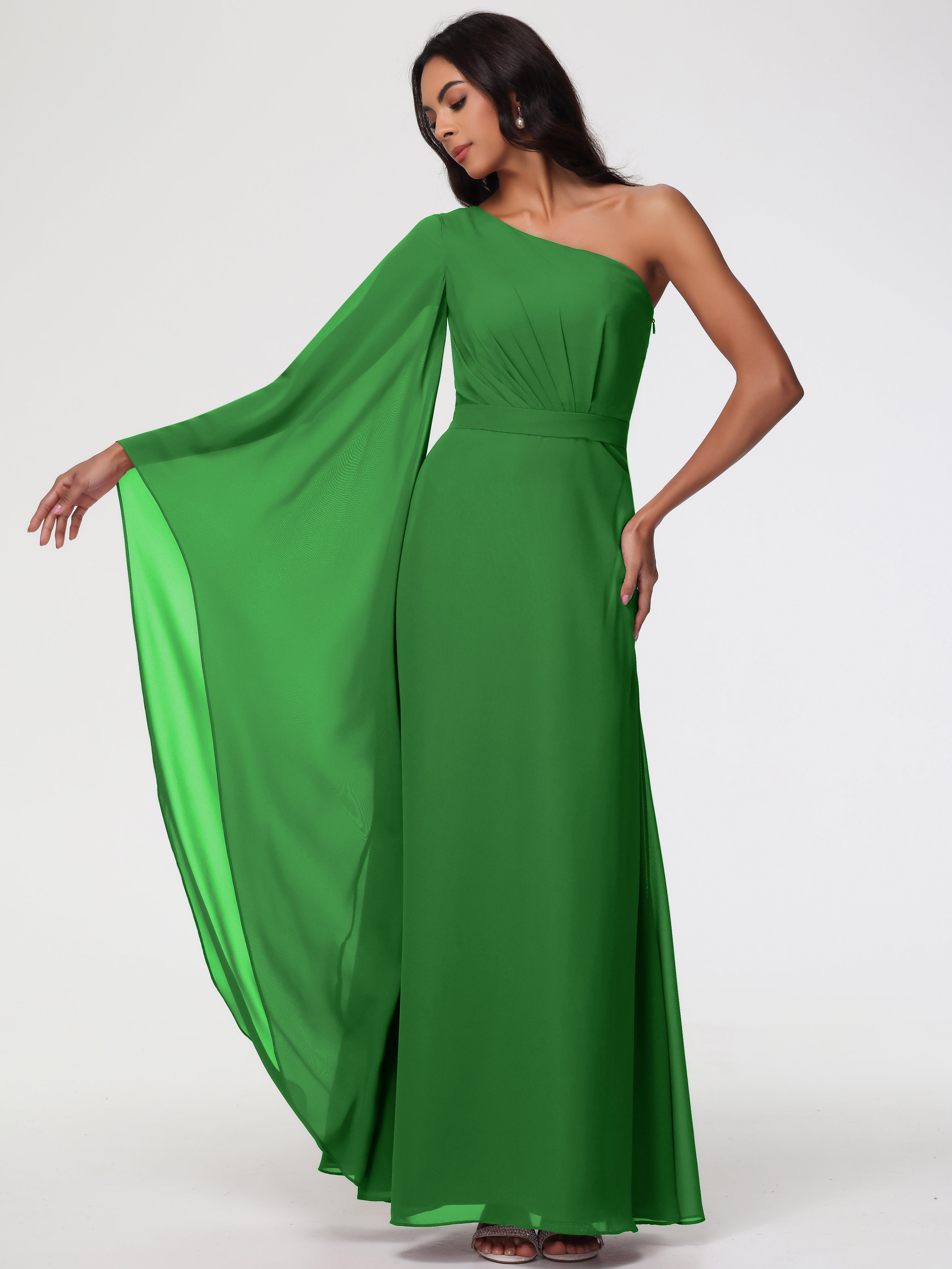 Robe Verte Demoiselle D Honneur Seule-Épaule Manches Asymétriques Mousseline Robe Demoiselle D'Honneur