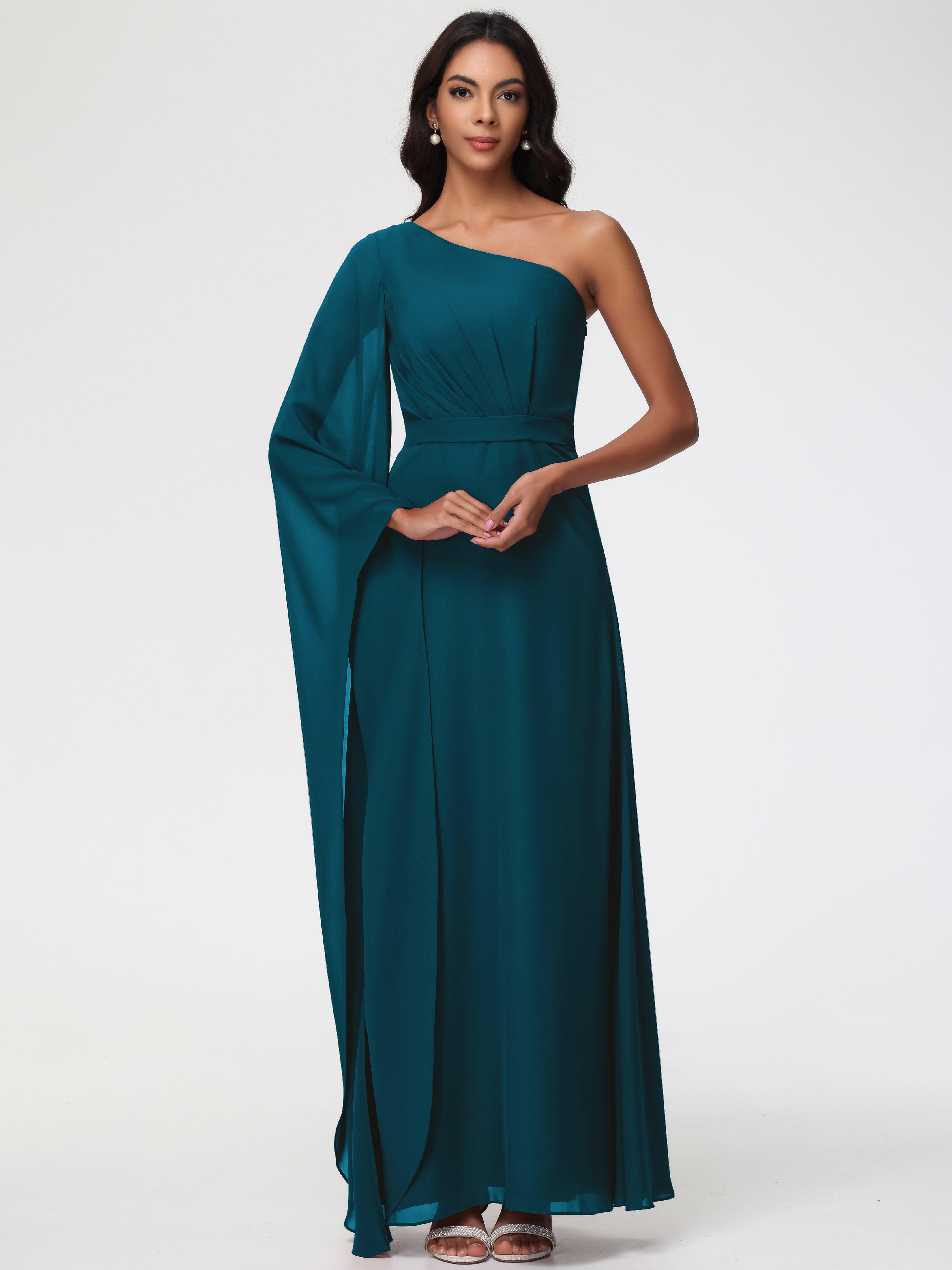 Robe De Demoiselle D'Honneur Bleu Encre Seule-Épaule Manches Asymétriques Mousseline Robe Demoiselle D'Honneur