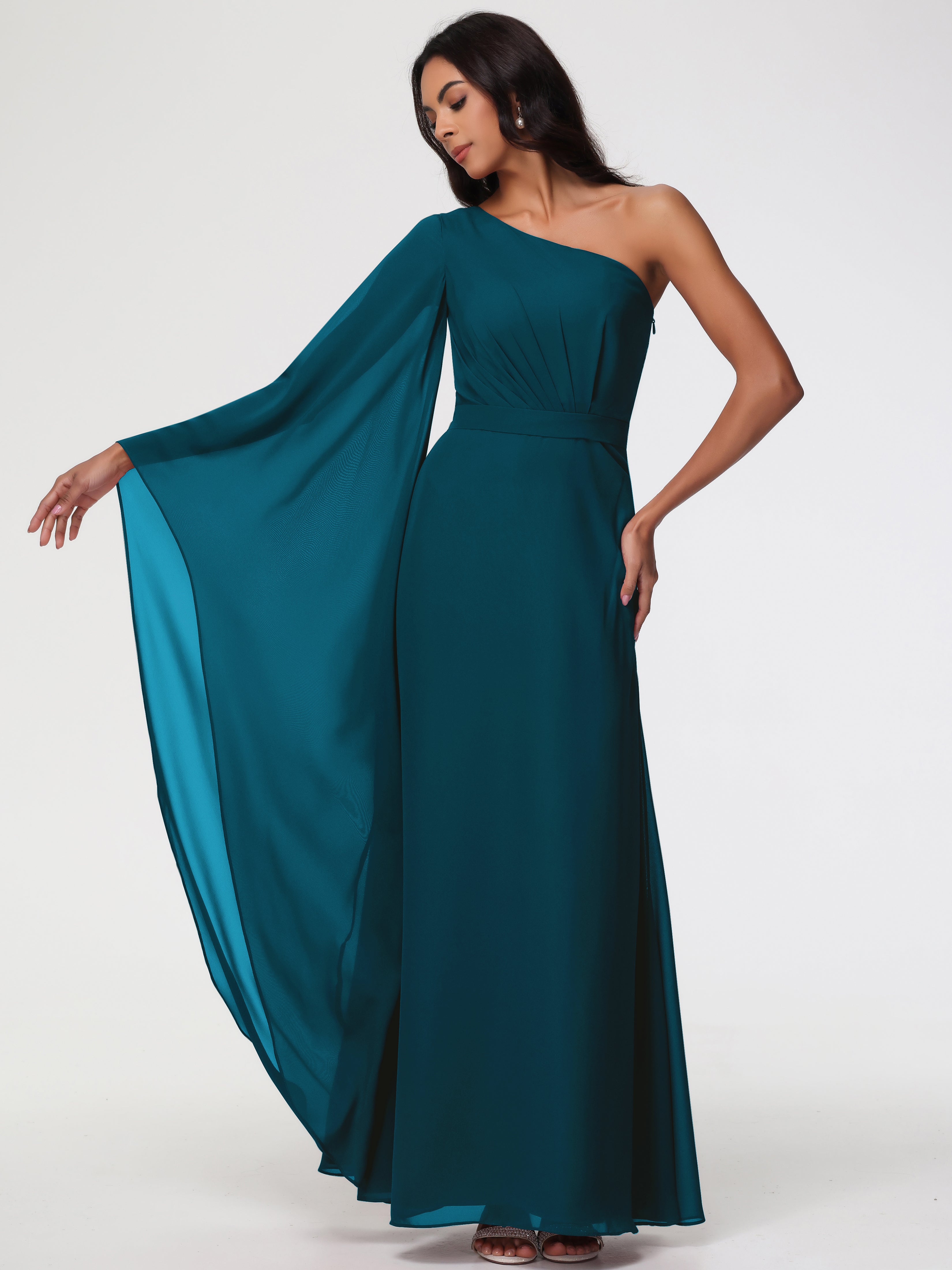 Robe De Demoiselle D'Honneur Bleu Encre Seule-Épaule Manches Asymétriques Mousseline Robe Demoiselle D'Honneur