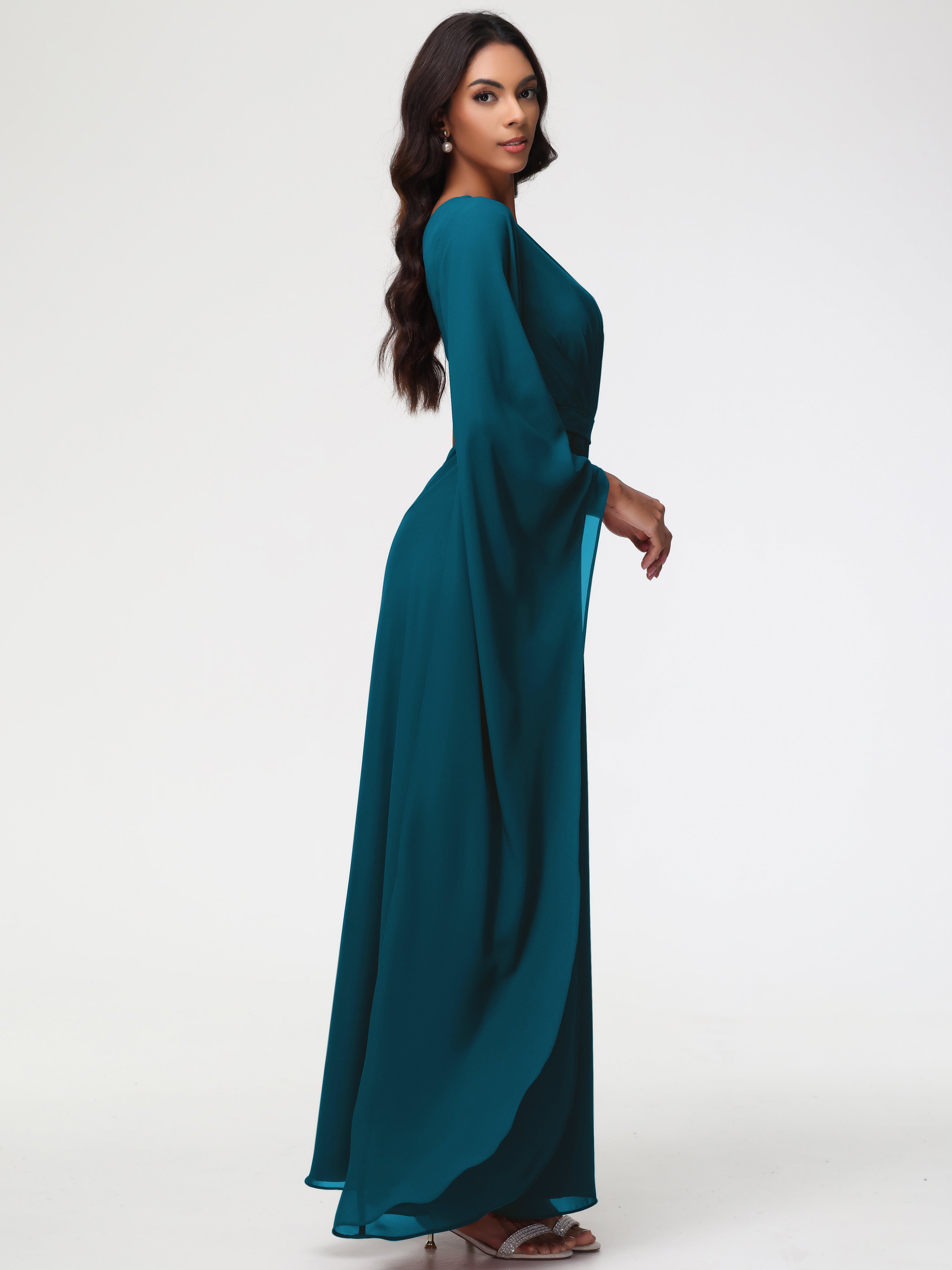 Robe De Demoiselle D'Honneur Bleu Encre Seule-Épaule Manches Asymétriques Mousseline Robe Demoiselle D'Honneur
