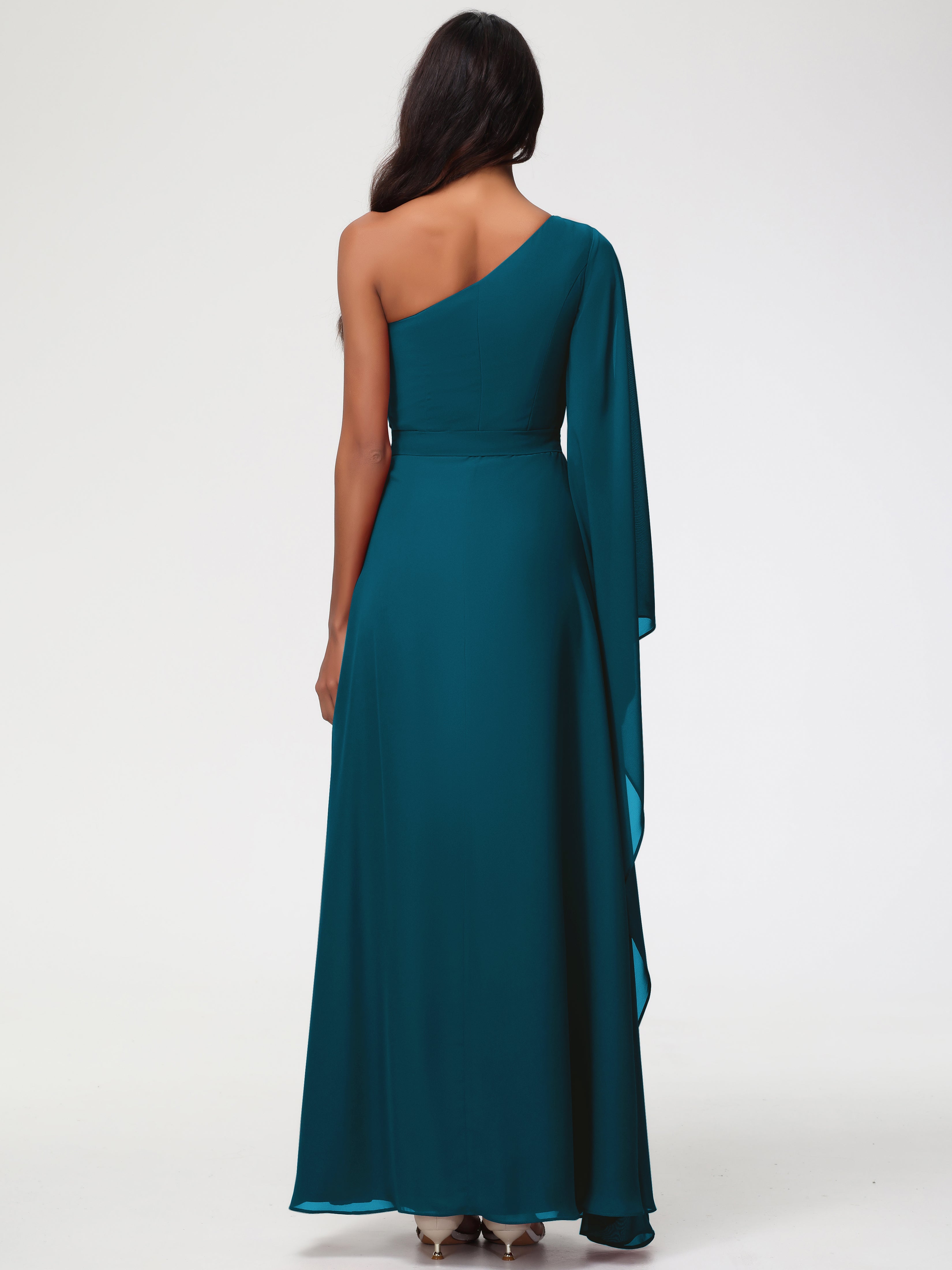 Robe De Demoiselle D'Honneur Bleu Encre Seule-Épaule Manches Asymétriques Mousseline Robe Demoiselle D'Honneur