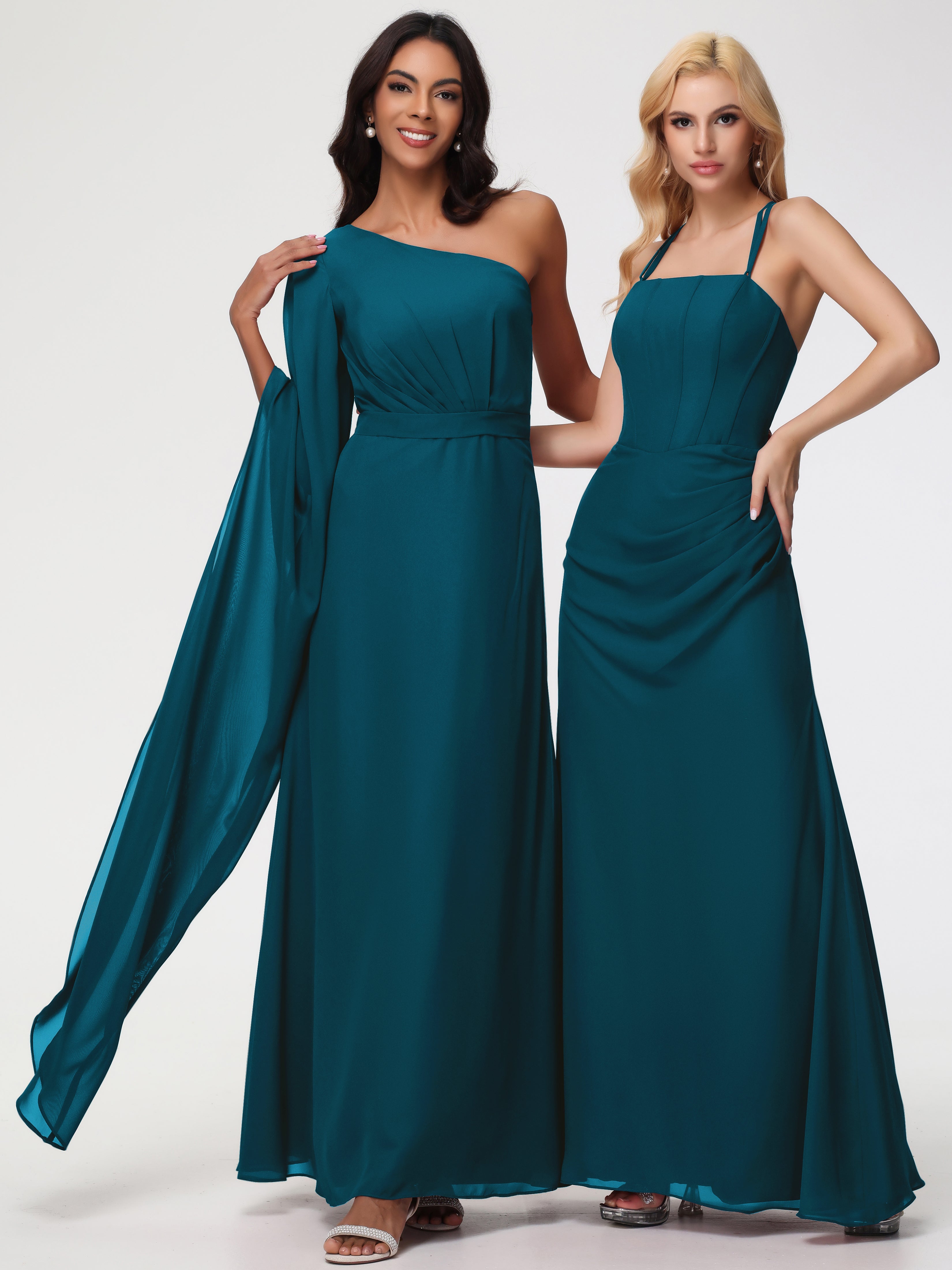Robe De Demoiselle D'Honneur Bleu Encre Seule-Épaule Manches Asymétriques Mousseline Robe Demoiselle D'Honneur