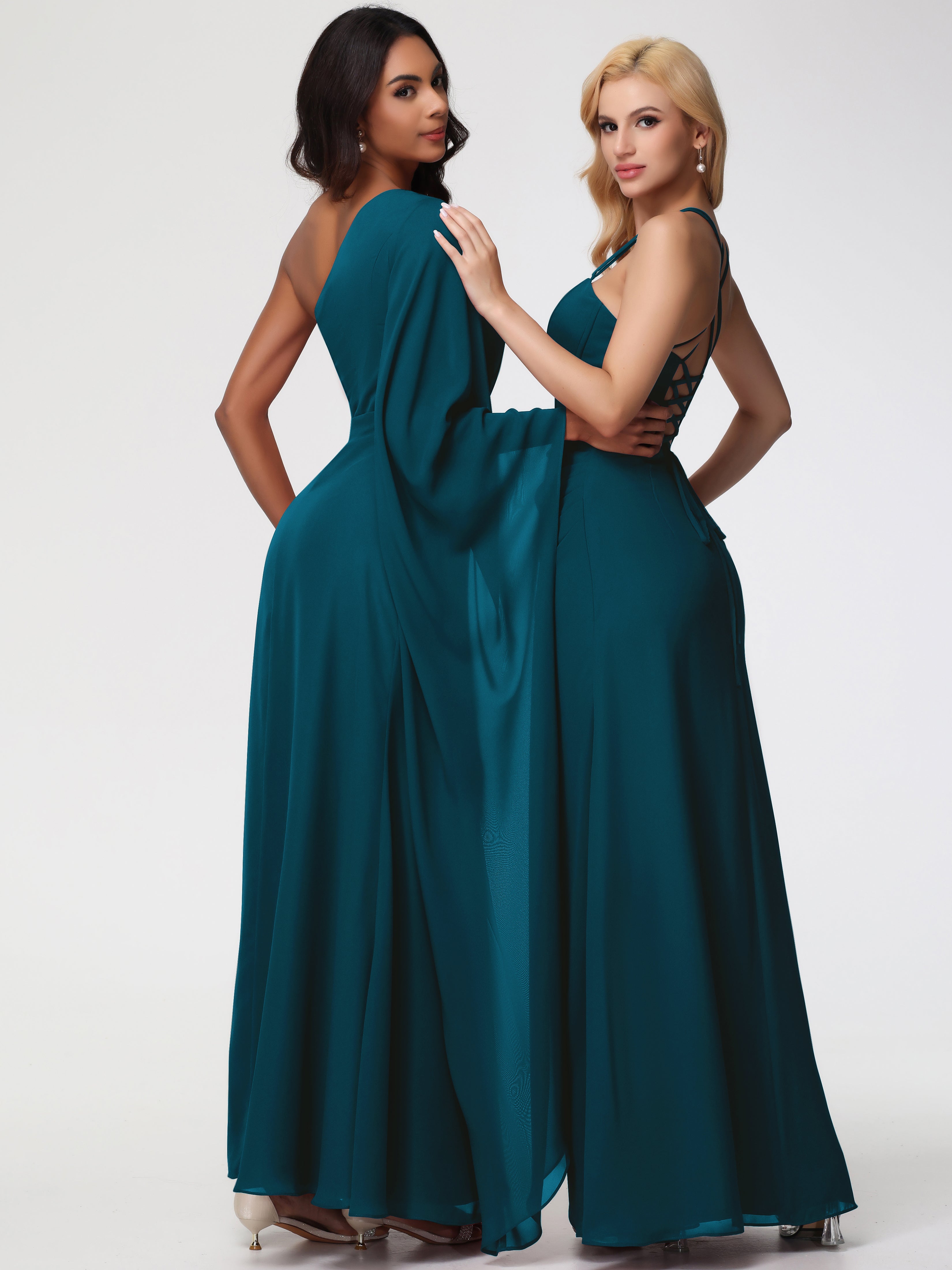 Robe De Demoiselle D'Honneur Bleu Encre Seule-Épaule Manches Asymétriques Mousseline Robe Demoiselle D'Honneur