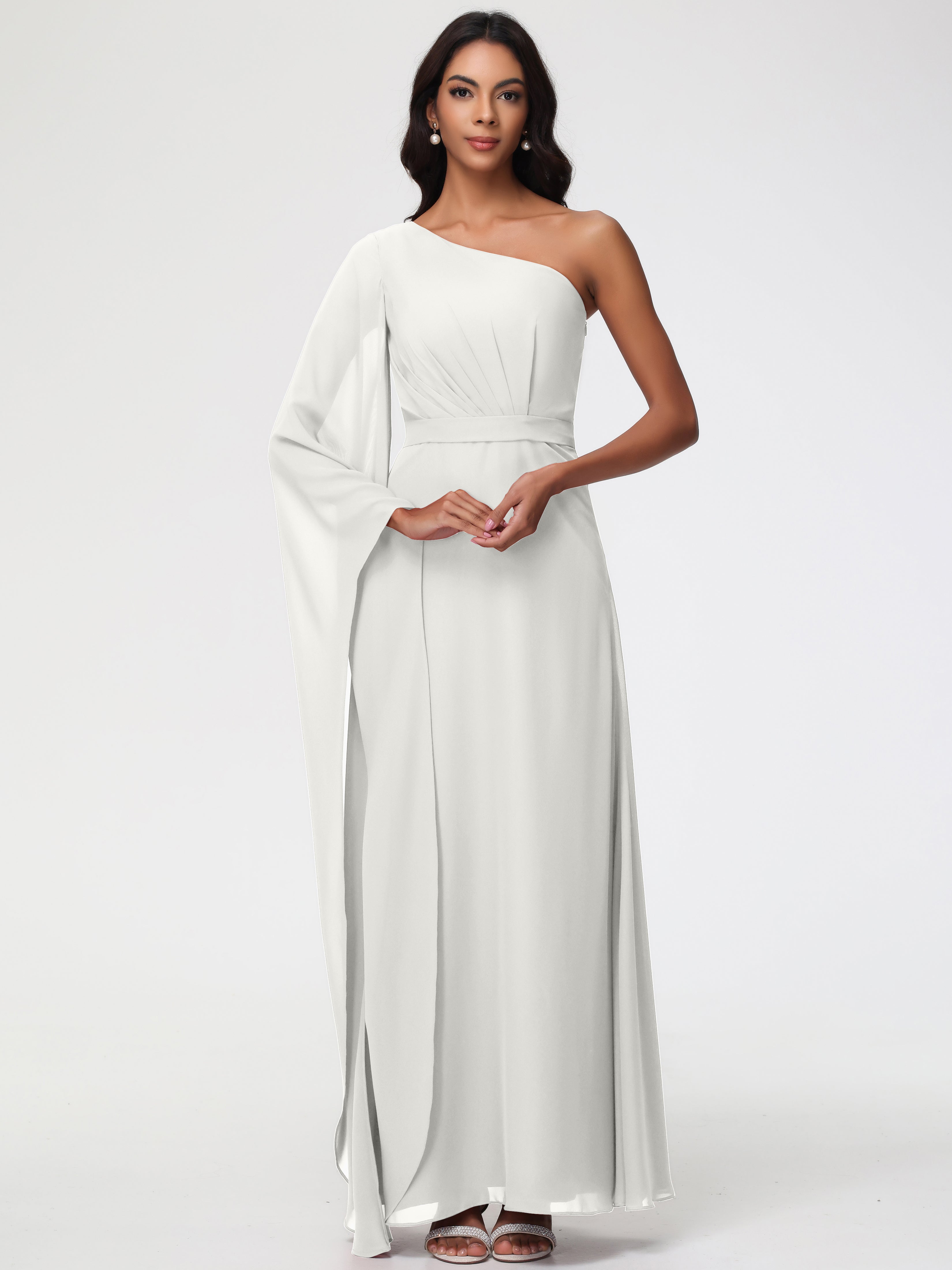 Robe De Demoiselle D Honneur Ivoire Seule-Épaule Manches Asymétriques Mousseline Robe Demoiselle D'Honneur