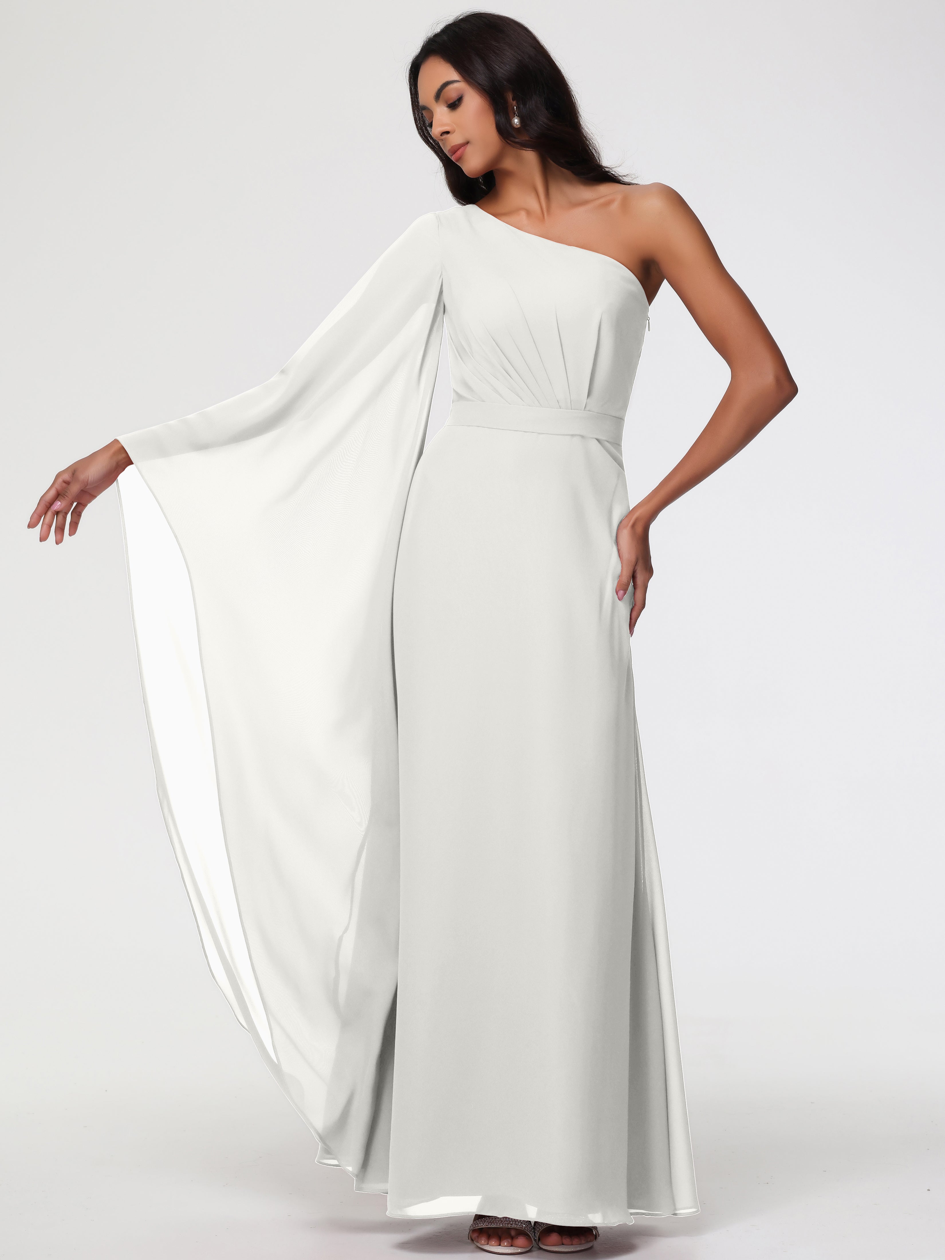 Robe De Demoiselle D Honneur Ivoire Seule-Épaule Manches Asymétriques Mousseline Robe Demoiselle D'Honneur