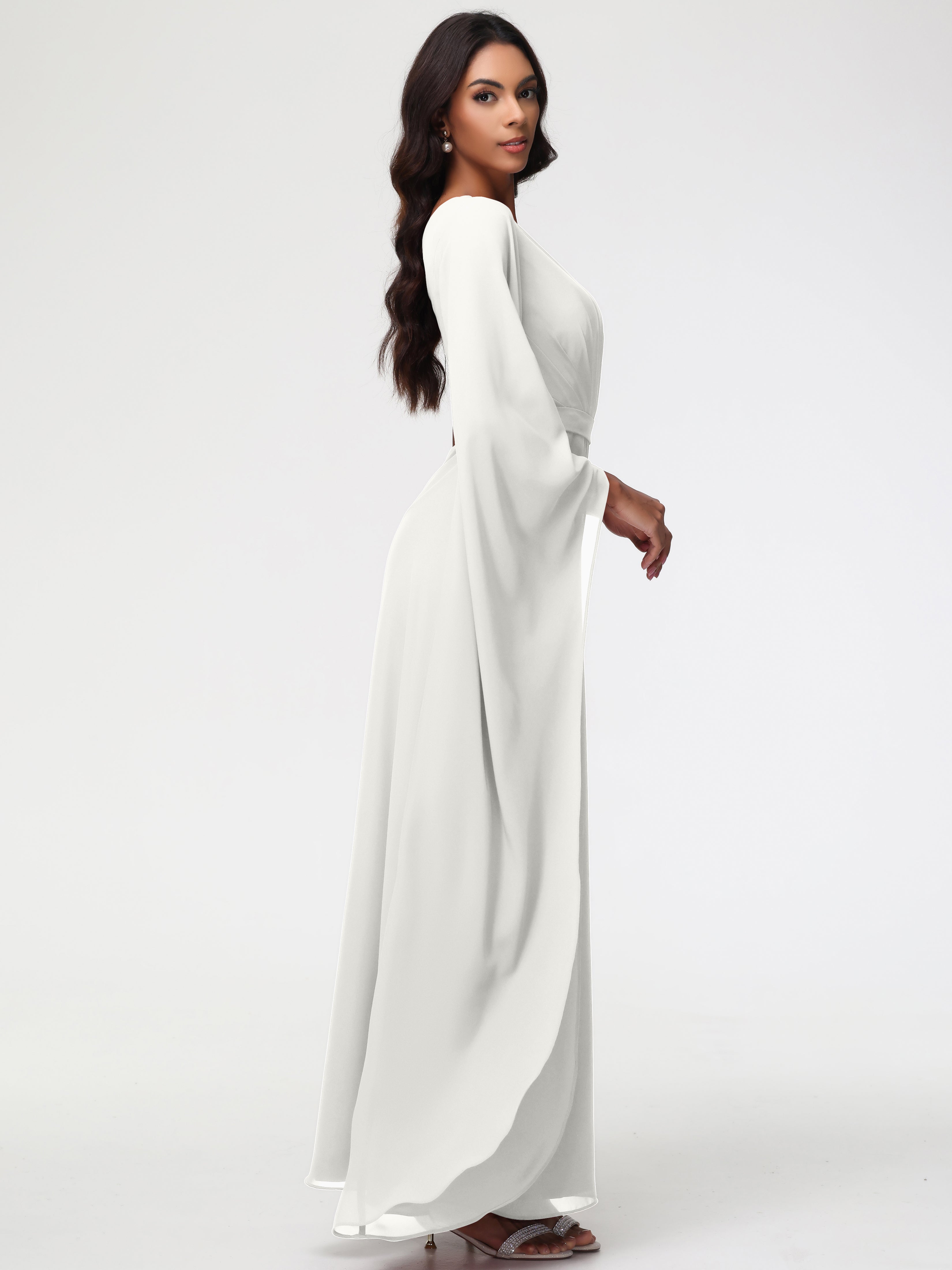 Robe De Demoiselle D Honneur Ivoire Seule-Épaule Manches Asymétriques Mousseline Robe Demoiselle D'Honneur