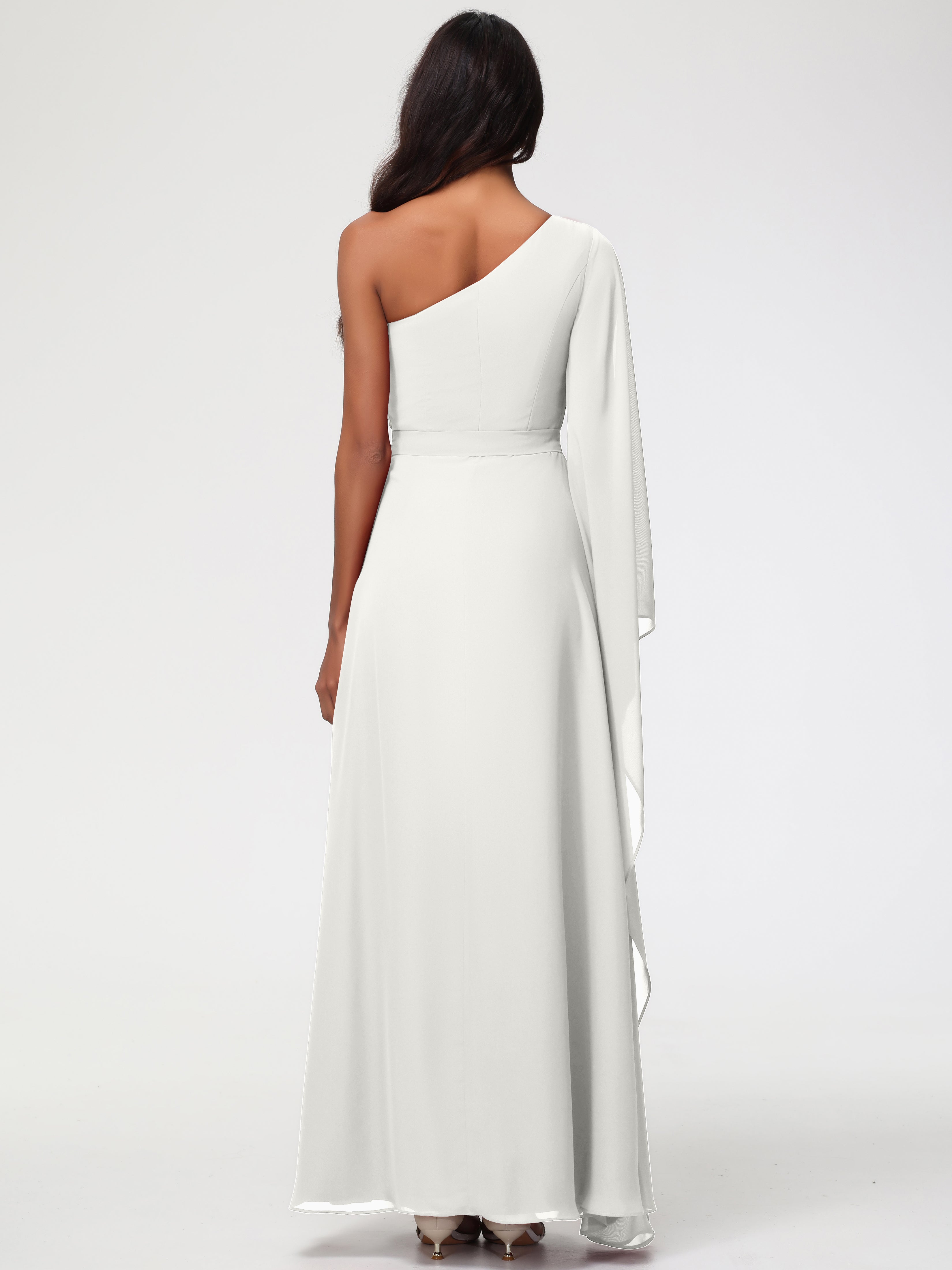 Robe De Demoiselle D Honneur Ivoire Seule-Épaule Manches Asymétriques Mousseline Robe Demoiselle D'Honneur