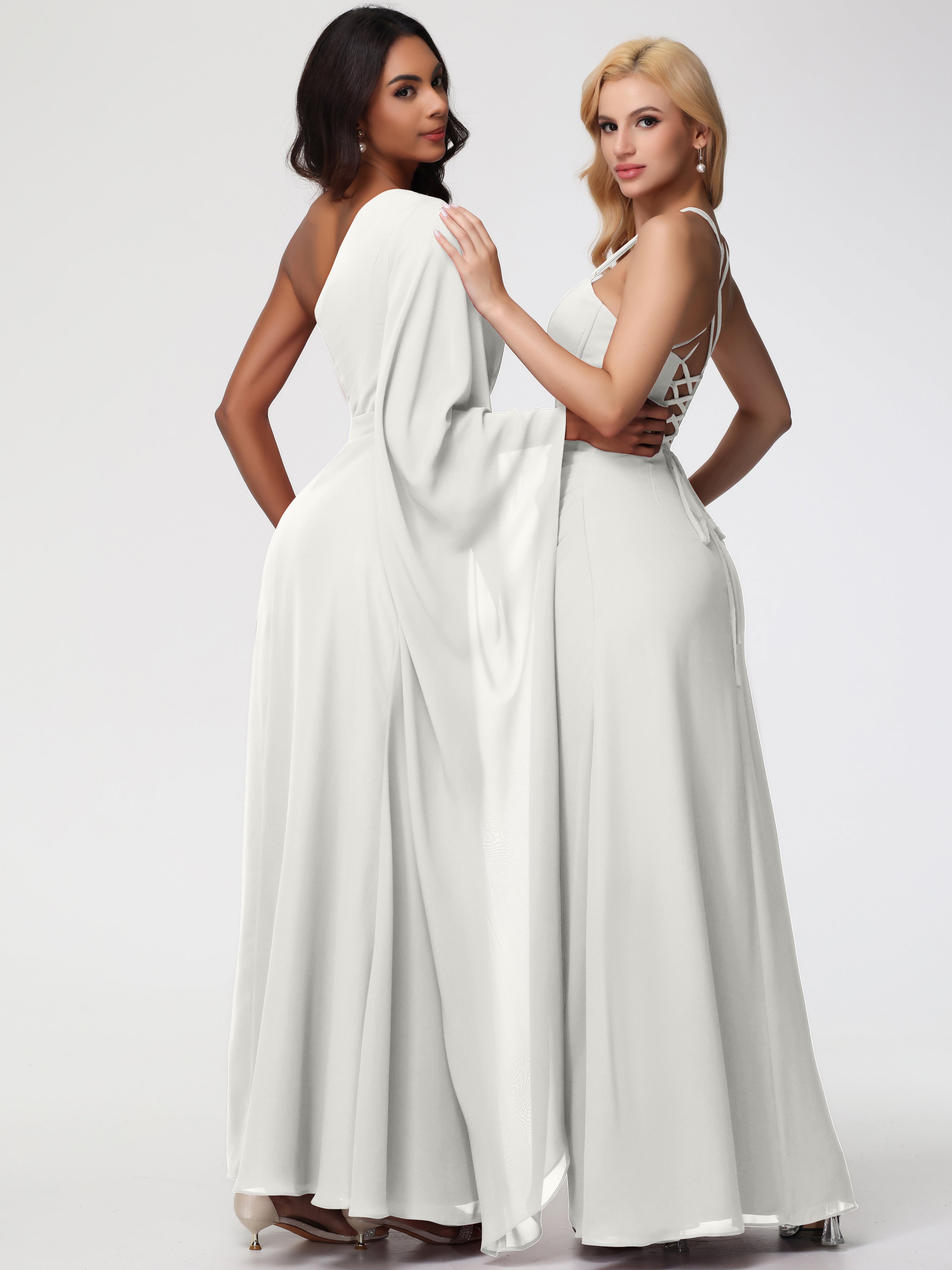 Robe De Demoiselle D Honneur Ivoire Seule-Épaule Manches Asymétriques Mousseline Robe Demoiselle D'Honneur