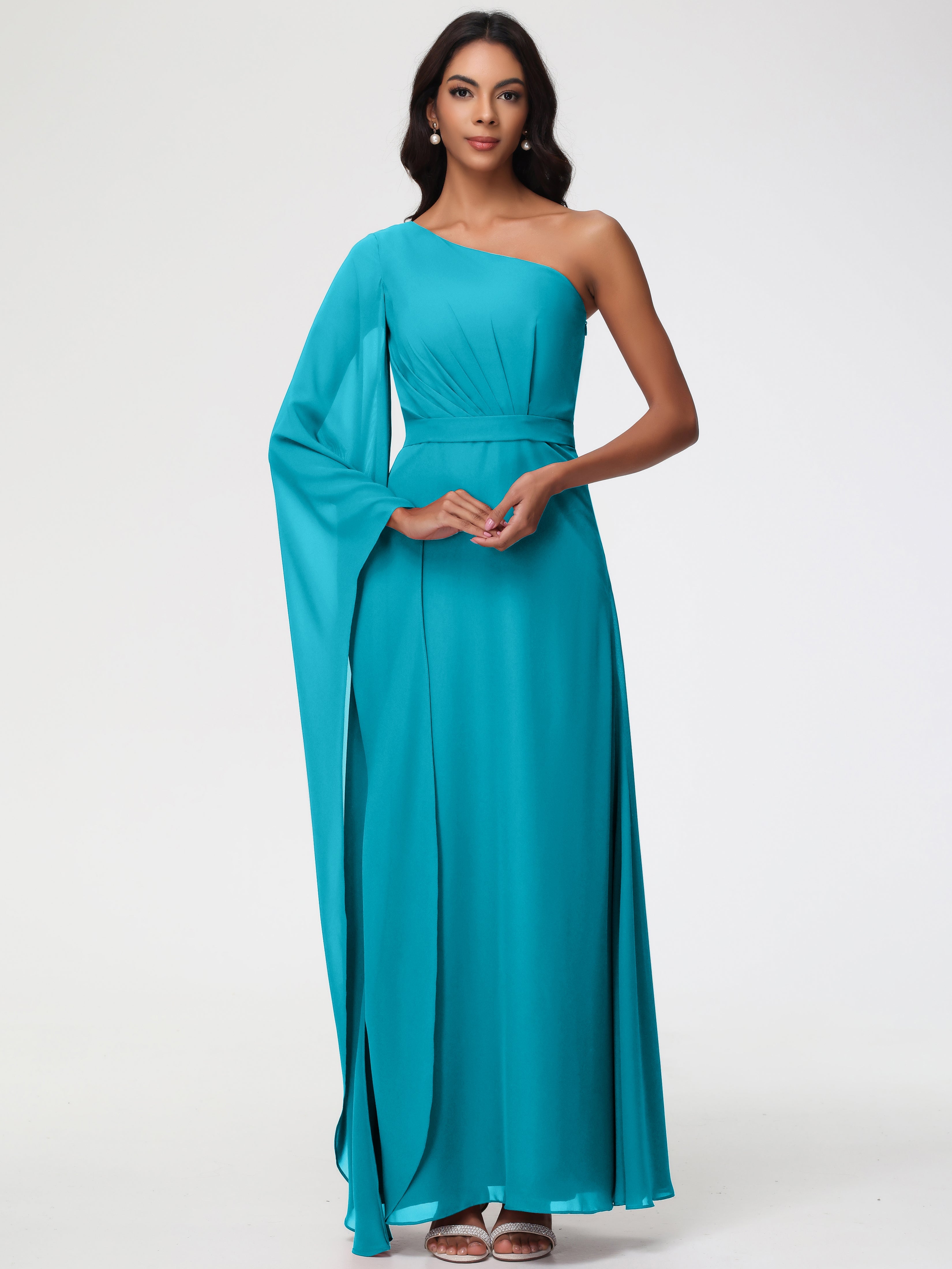Robes De Demoiselle D'Honneur Vert Jade Seule-Épaule Manches Asymétriques Mousseline Robe Demoiselle D'Honneur