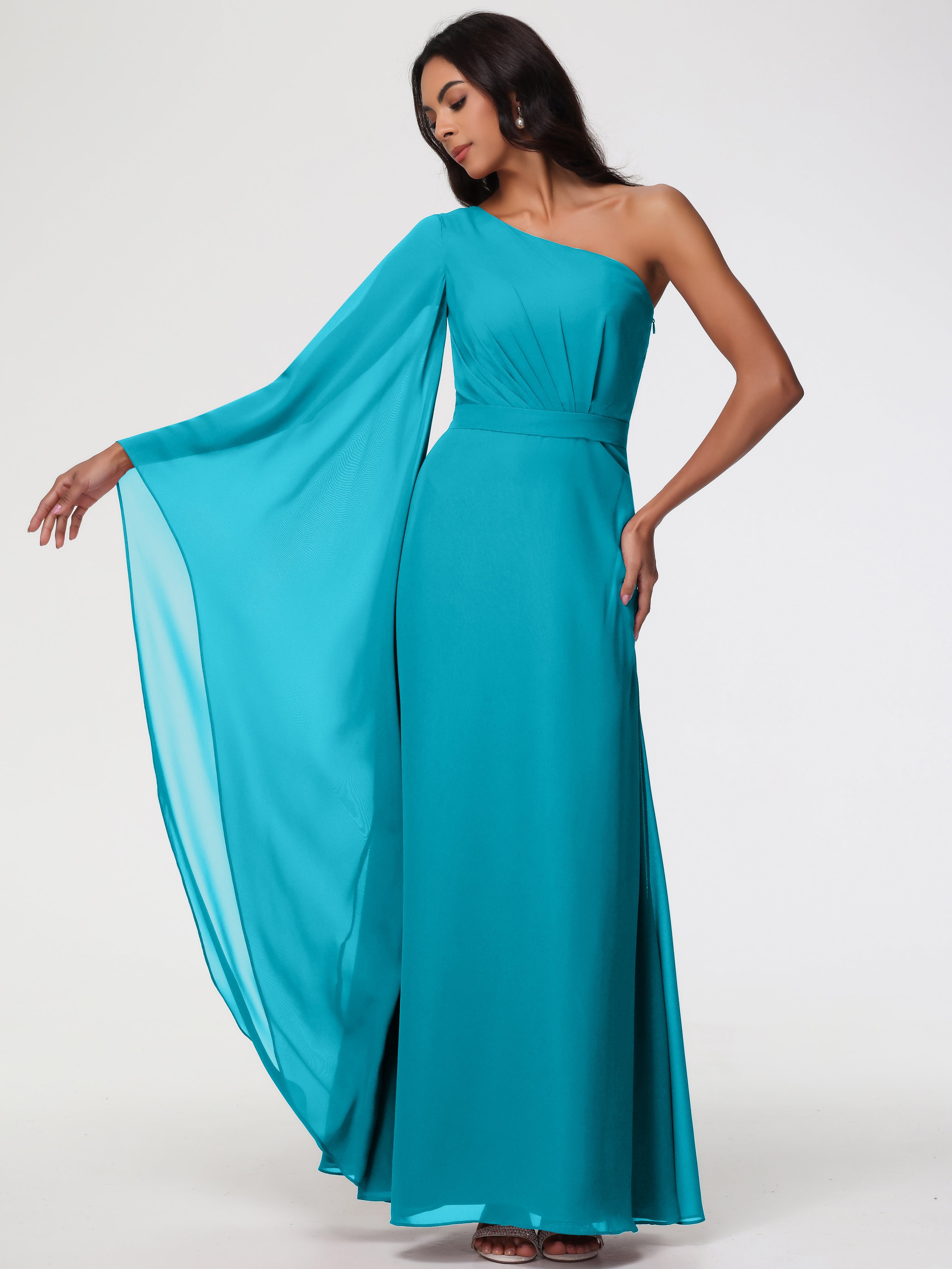 Robes De Demoiselle D'Honneur Vert Jade Seule-Épaule Manches Asymétriques Mousseline Robe Demoiselle D'Honneur