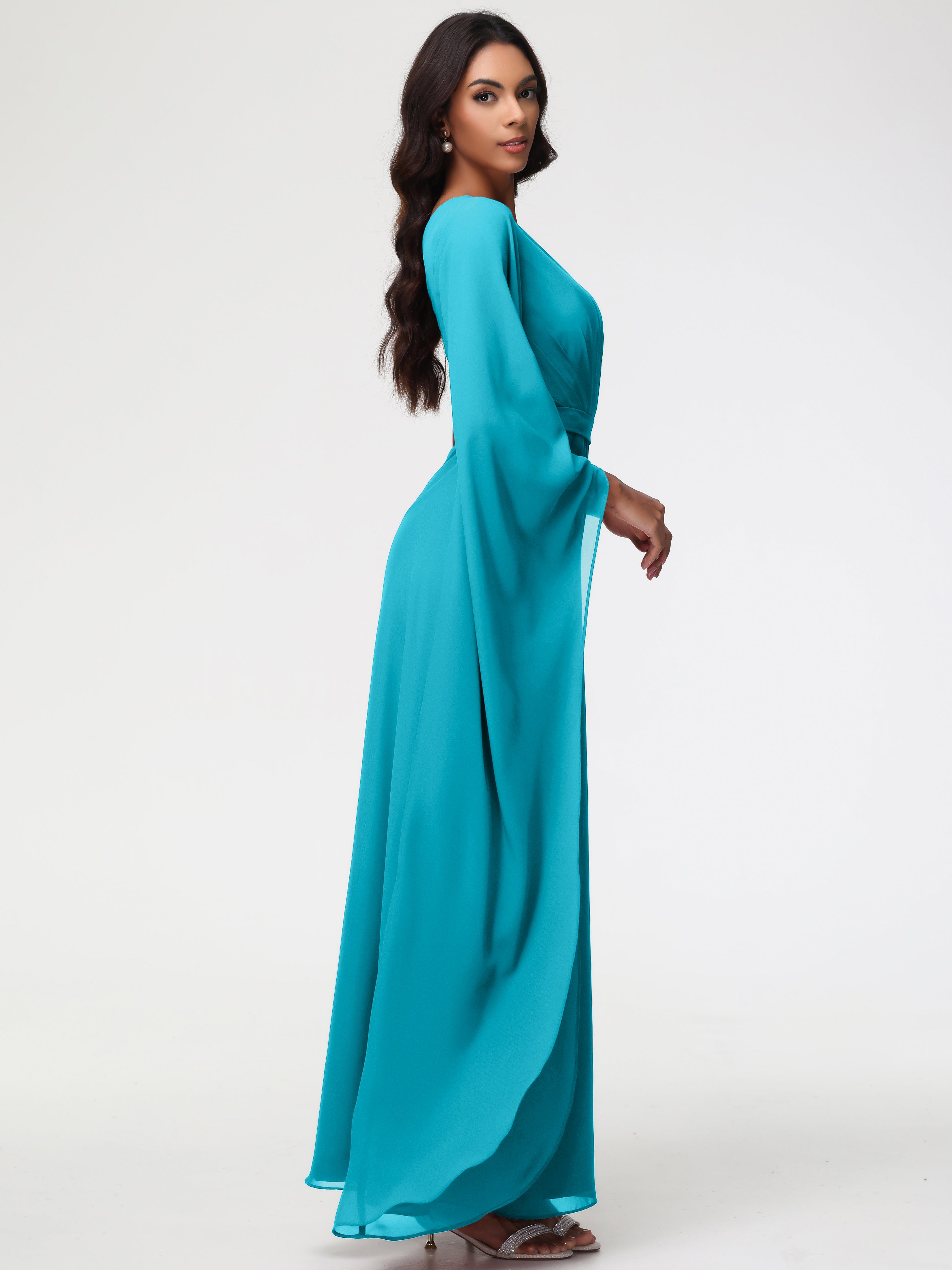 Robes De Demoiselle D'Honneur Vert Jade Seule-Épaule Manches Asymétriques Mousseline Robe Demoiselle D'Honneur