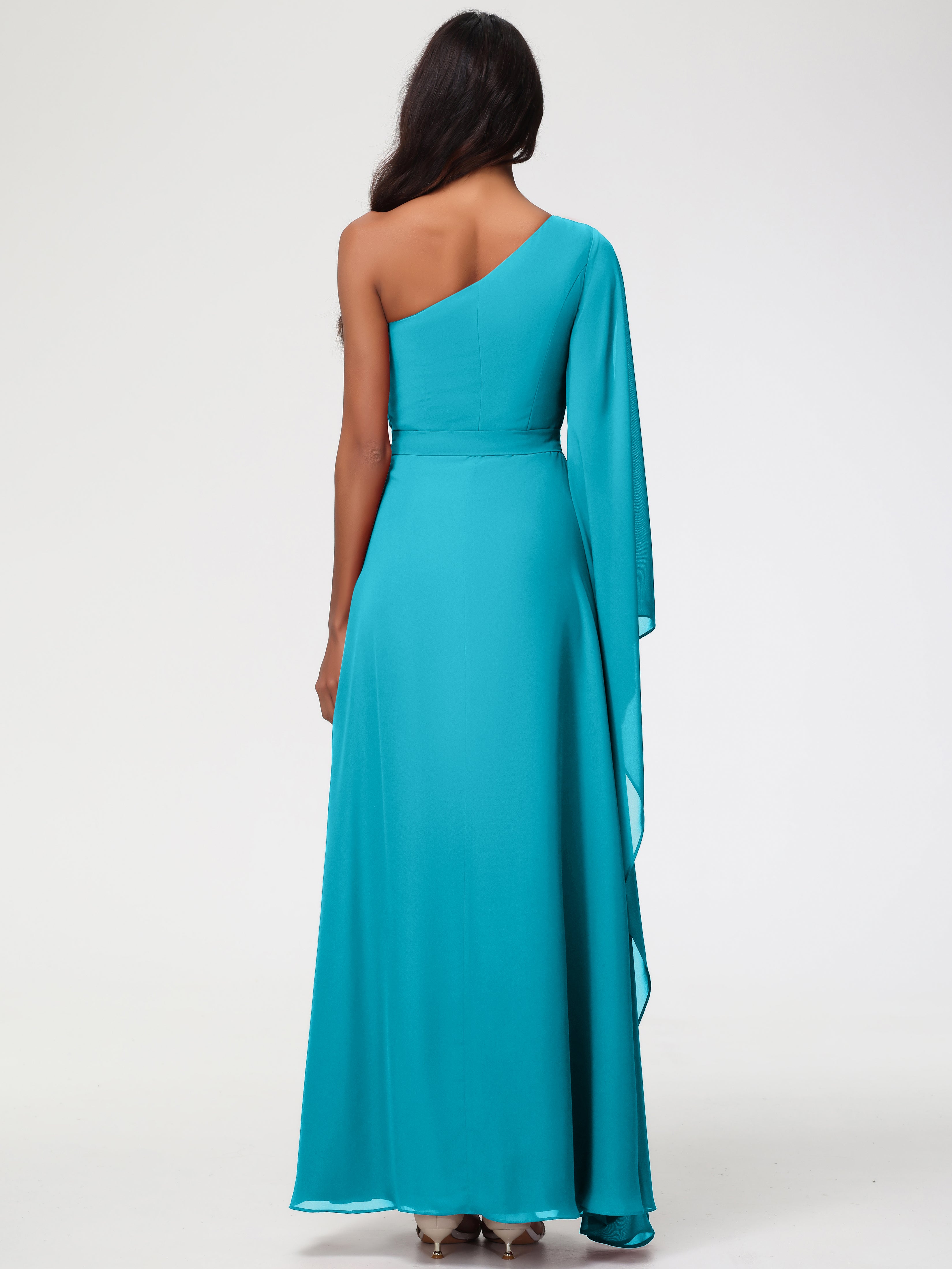 Robes De Demoiselle D'Honneur Vert Jade Seule-Épaule Manches Asymétriques Mousseline Robe Demoiselle D'Honneur
