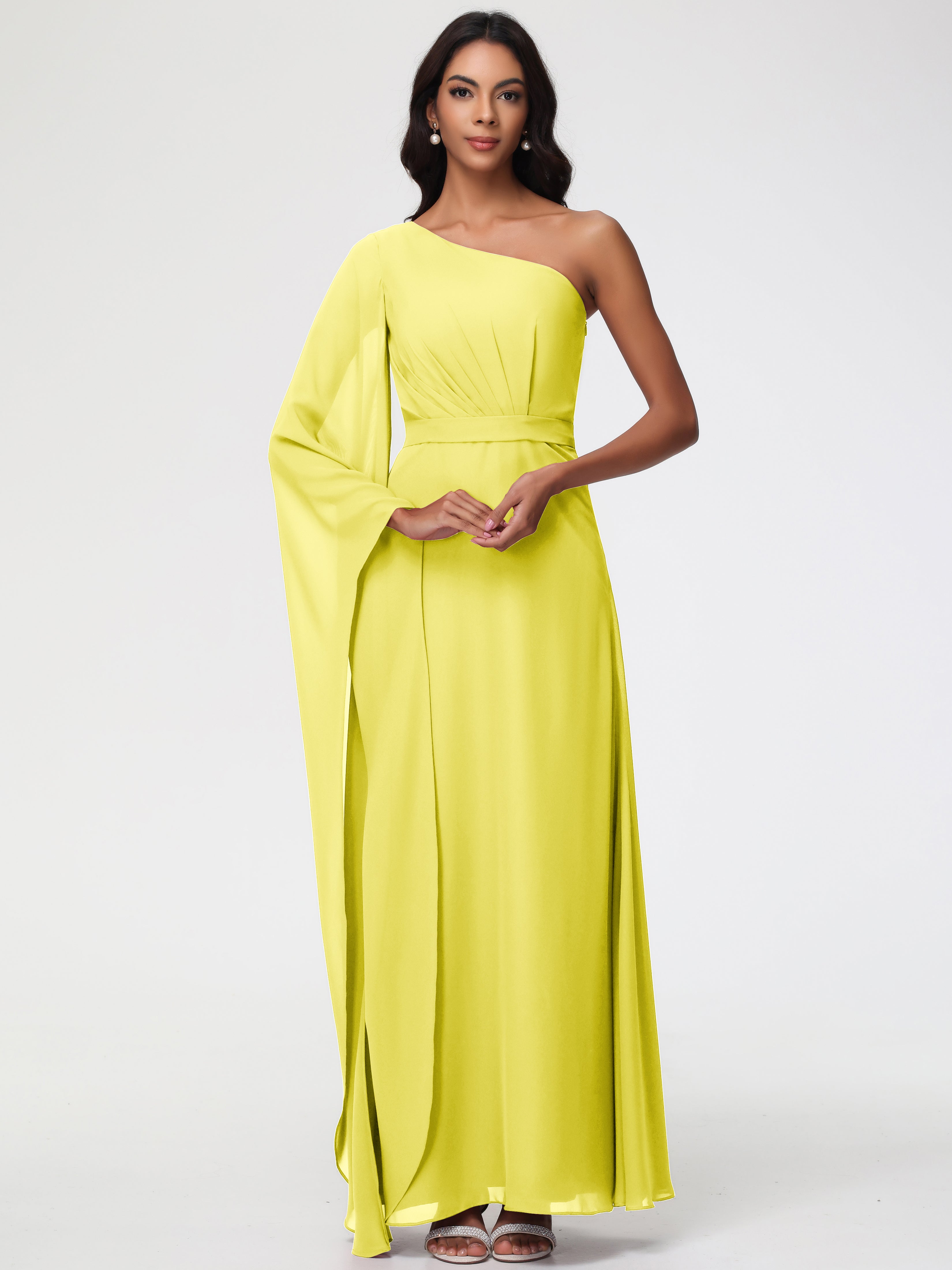 Robes De Demoiselle D'Honneur Jaune Citron Seule-Épaule Manches Asymétriques Mousseline Robe Demoiselle D'Honneur
