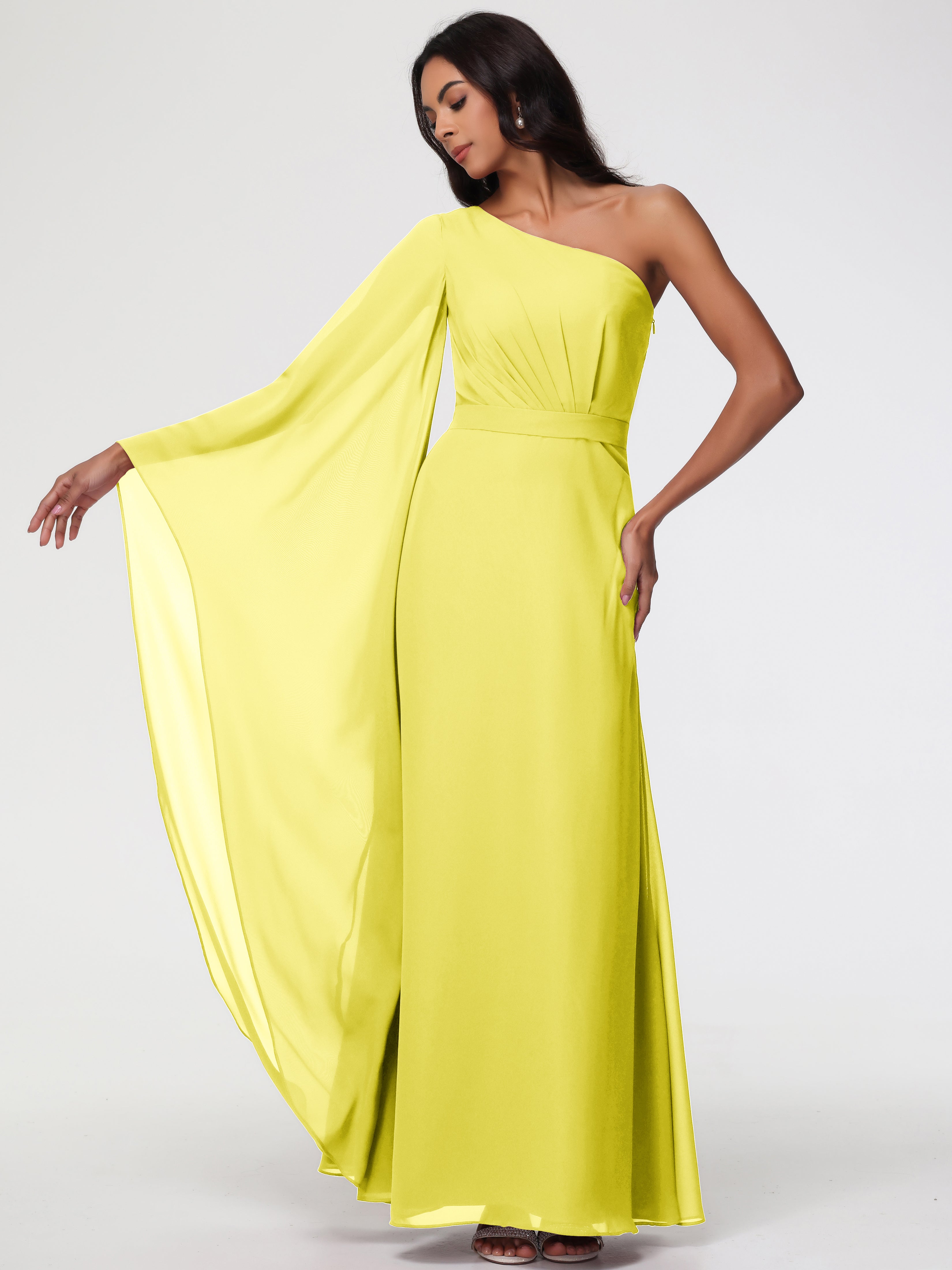 Robes De Demoiselle D'Honneur Jaune Citron Seule-Épaule Manches Asymétriques Mousseline Robe Demoiselle D'Honneur