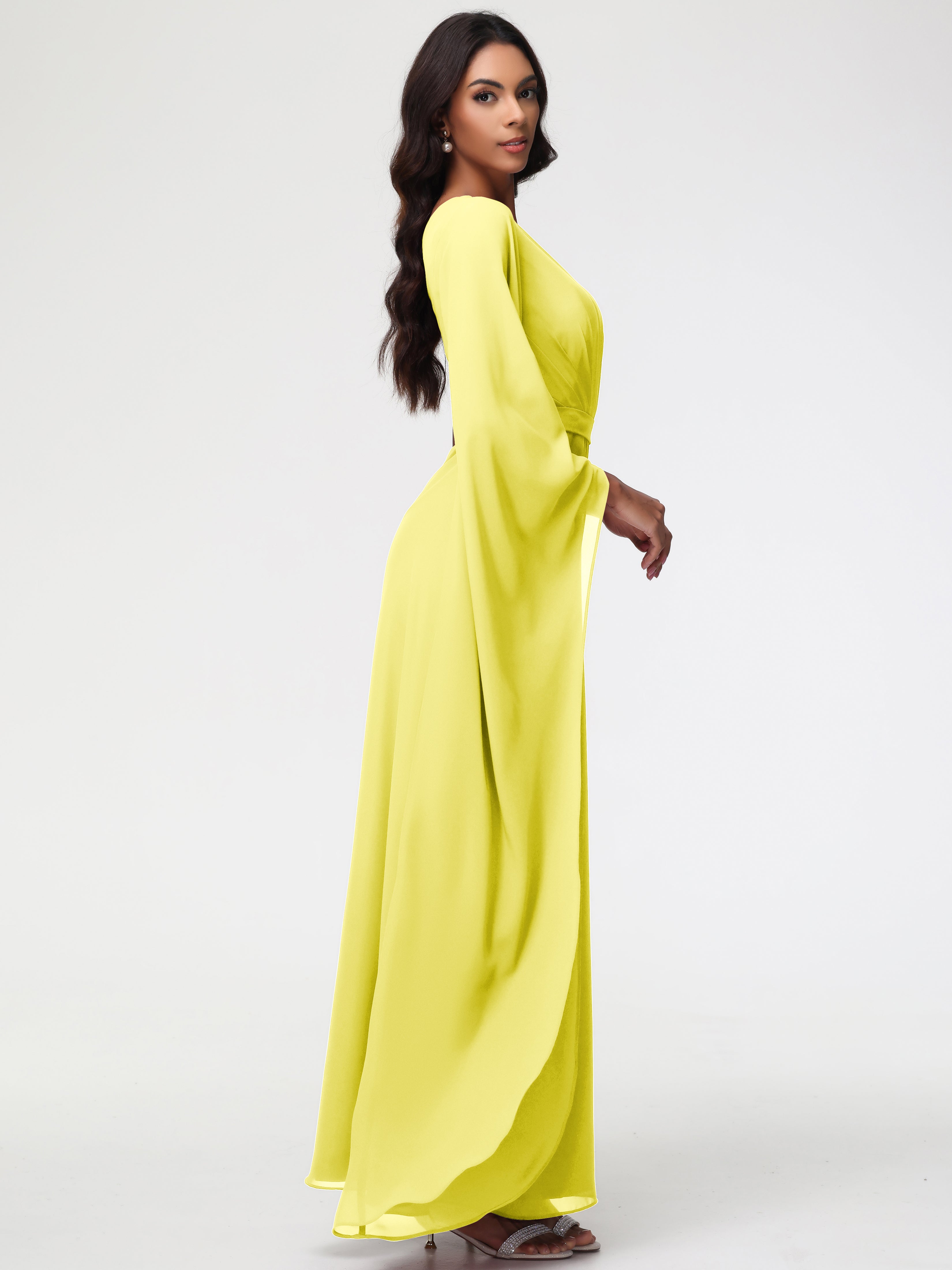 Robes De Demoiselle D'Honneur Jaune Citron Seule-Épaule Manches Asymétriques Mousseline Robe Demoiselle D'Honneur